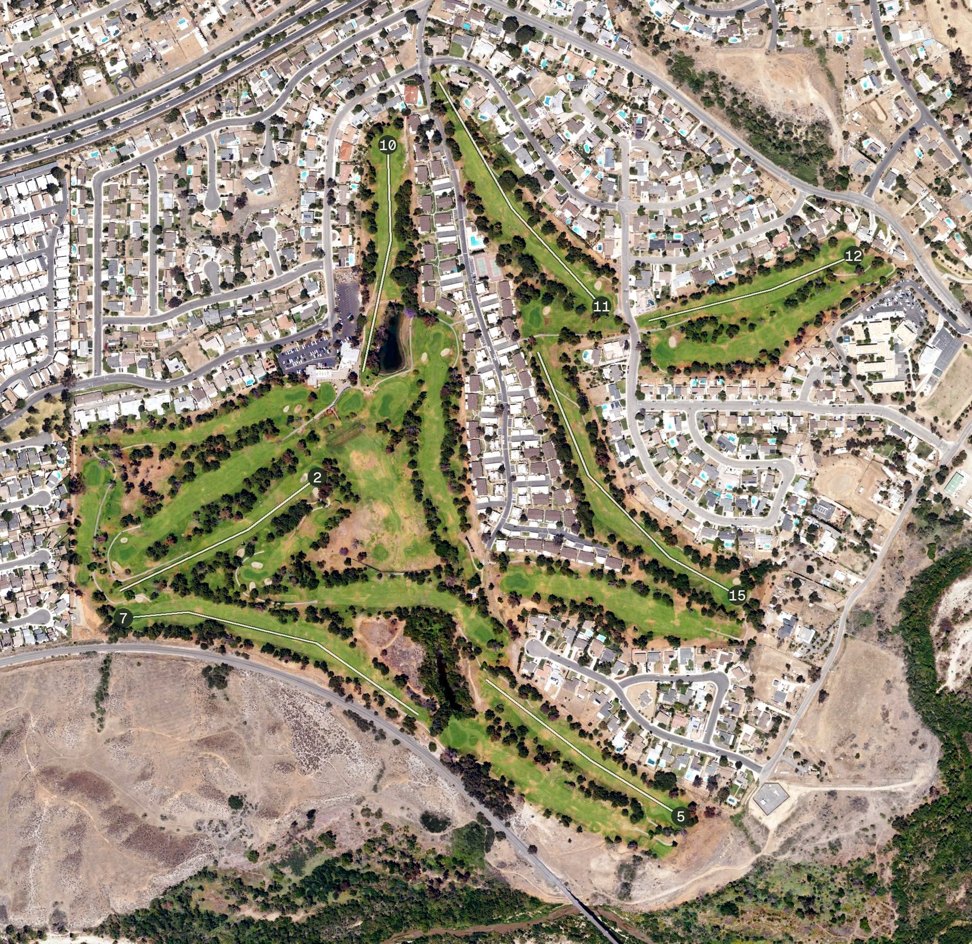 Aerial view of Jurupa Hills Country Club, CA, with its hole routing marked