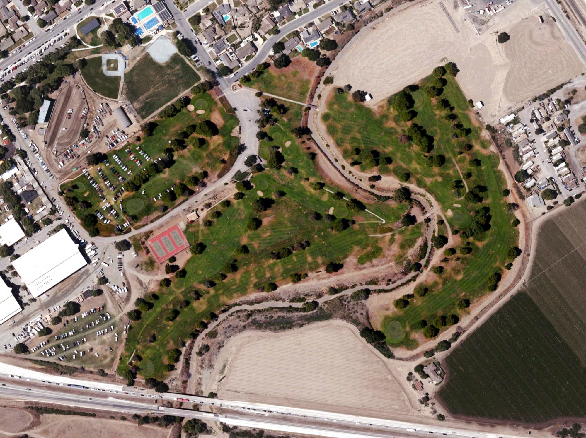 Aerial view of King City Golf Course, CA, with its hole routing marked