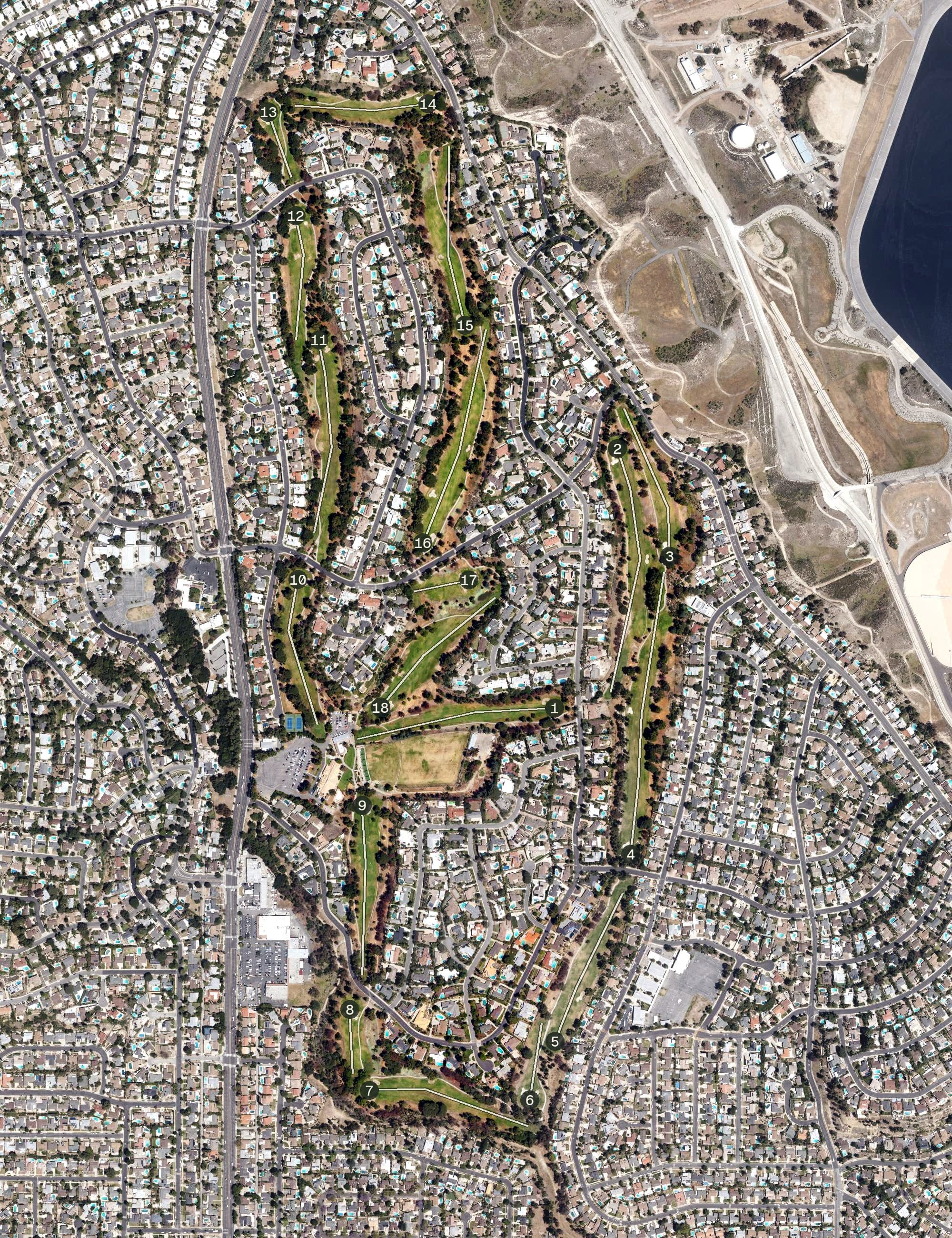 Aerial view of Knollwood Country Club, CA, with its hole routing marked