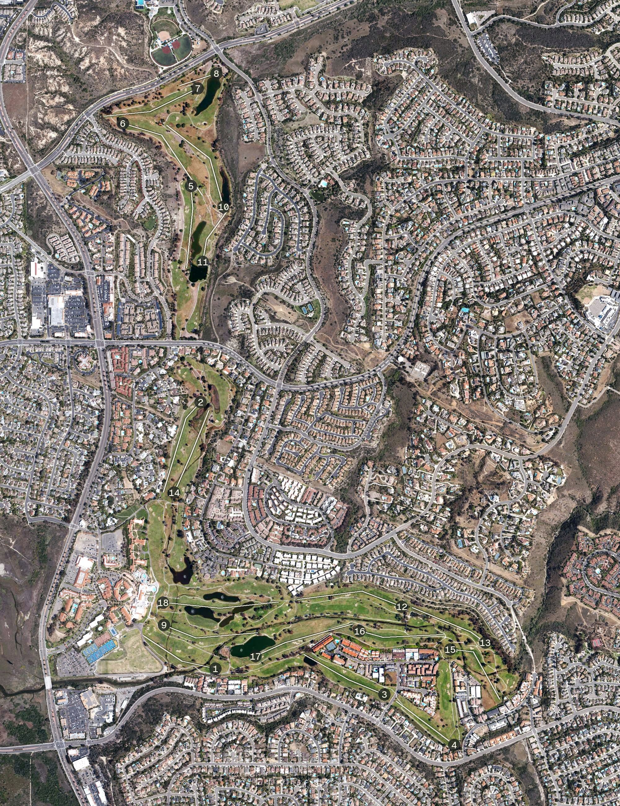 Aerial view of La Costa Omni Resort Golf Course, CA, with its hole routing marked
