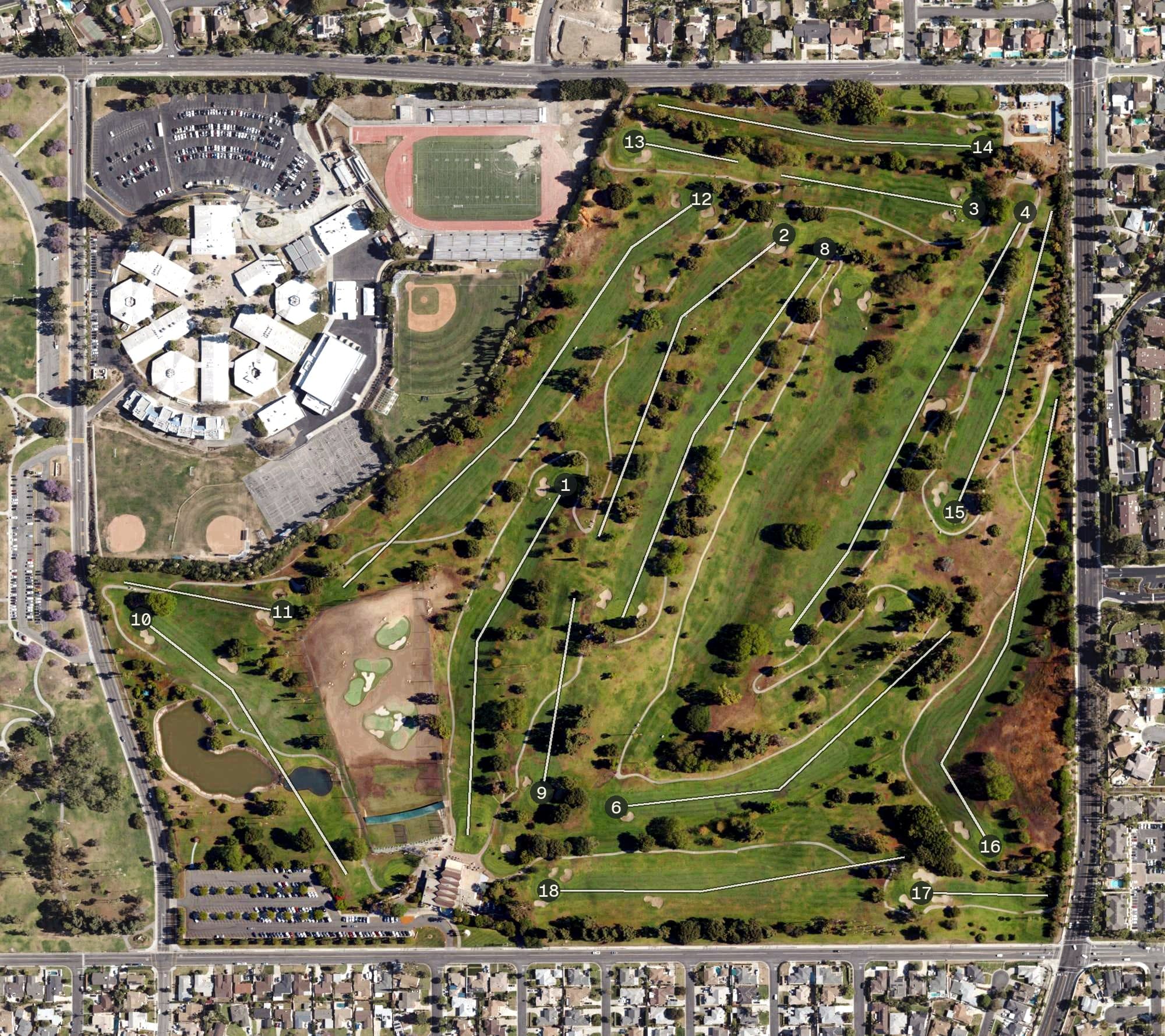 Aerial view of La Mirada Golf Course, CA, with its hole routing marked