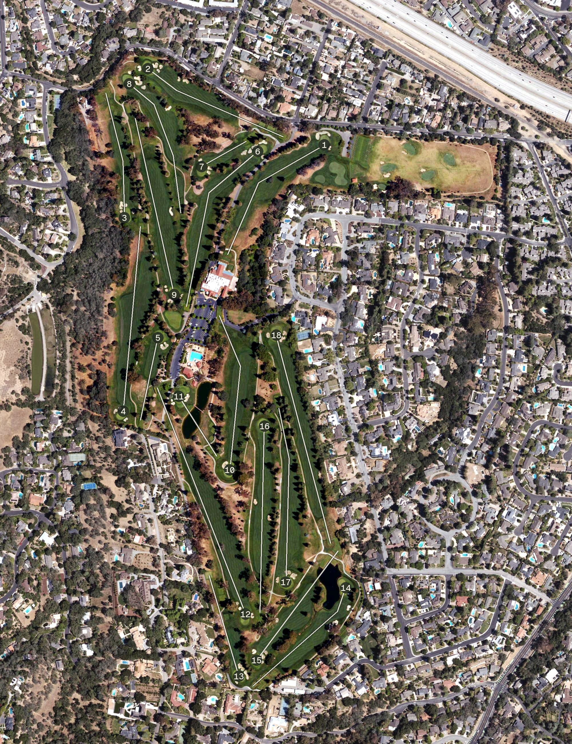 Aerial view of La Rinconada Country Club, CA, with its hole routing marked