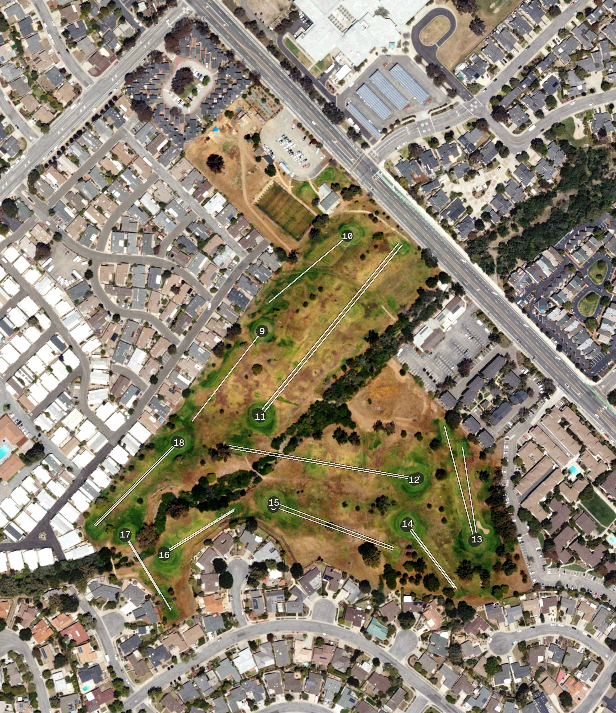 Aerial view of Laguna Lake Golf Course, CA, with its hole routing marked