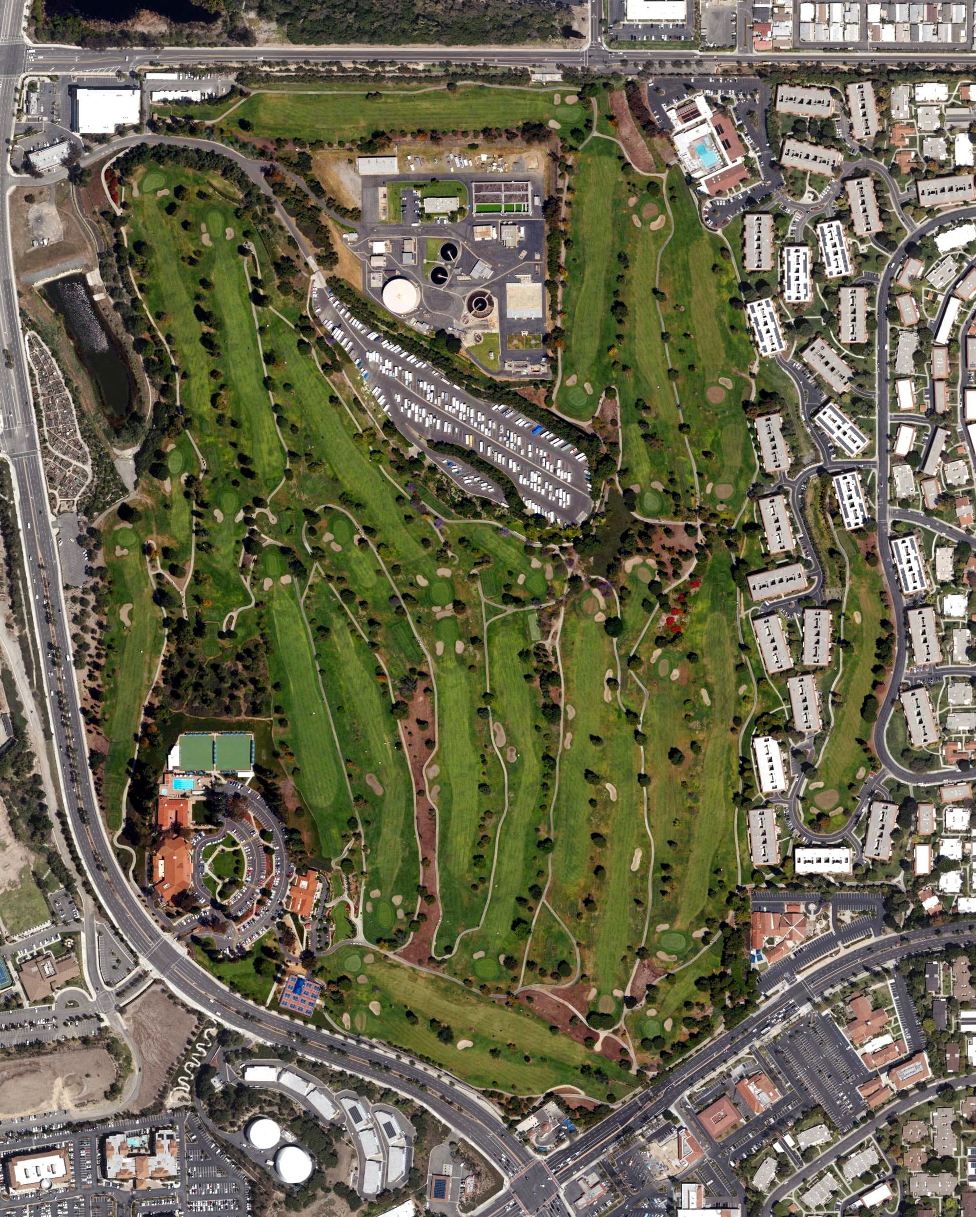 Aerial view of Laguna Woods Golf Course, CA, with its hole routing marked