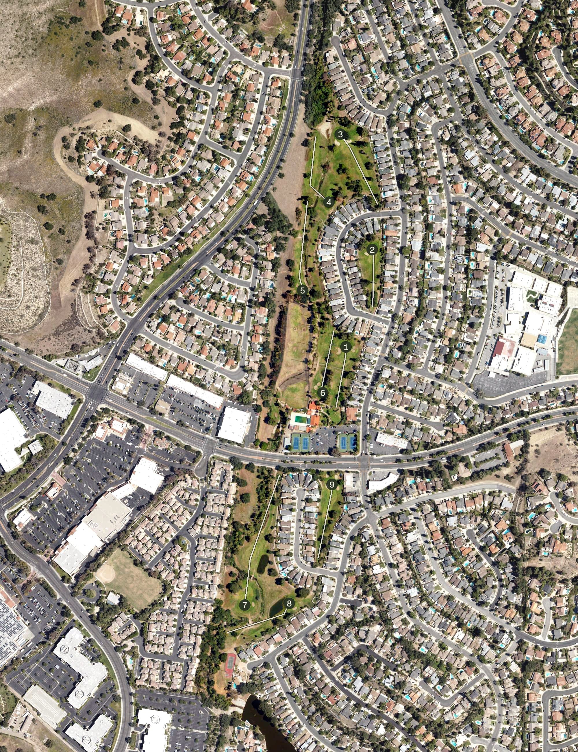 Aerial view of Lake Lindero Golf Course, CA, with its hole routing marked