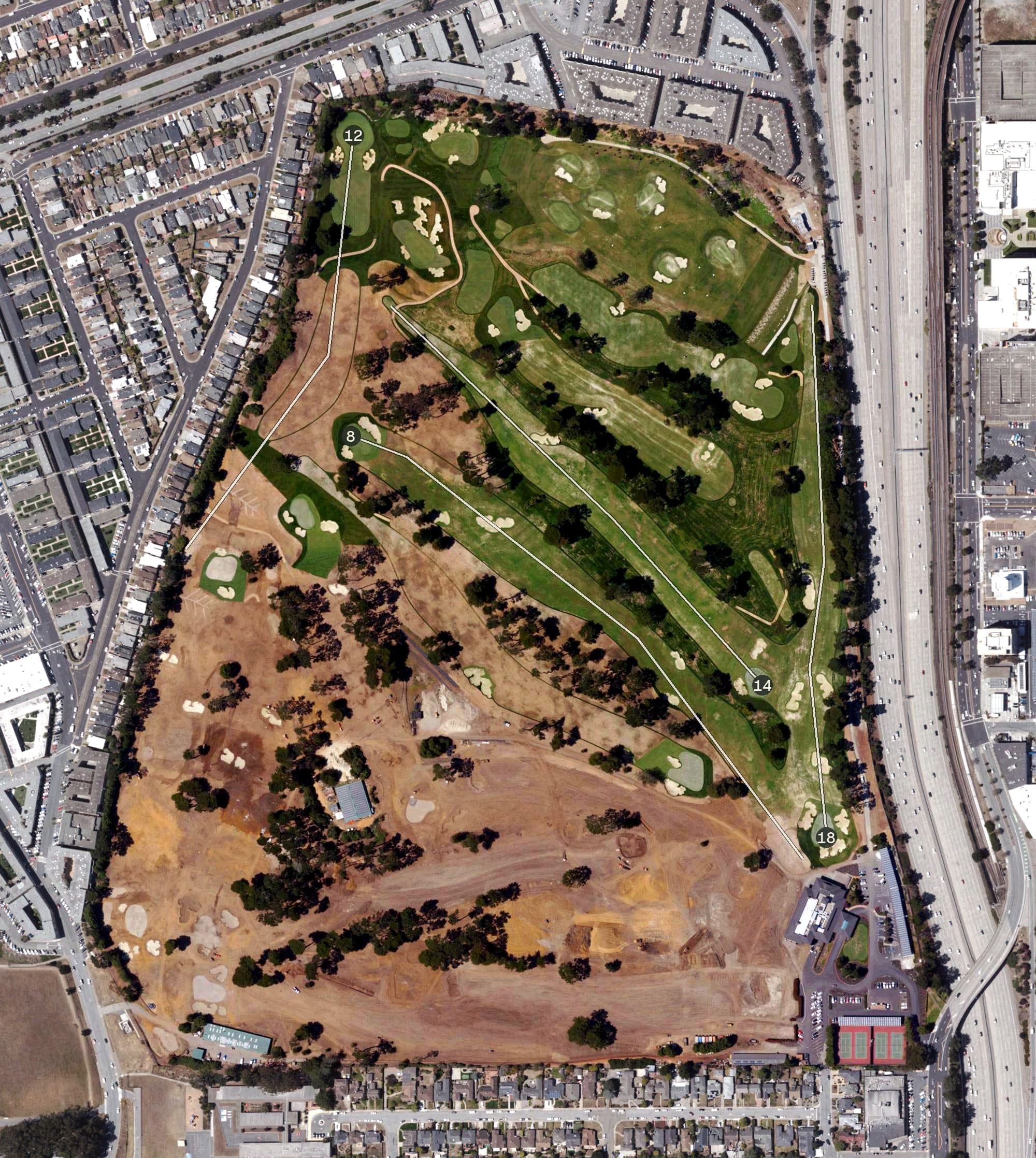 Aerial view of Lake Merced Golf and Country Club, CA, with its hole routing marked