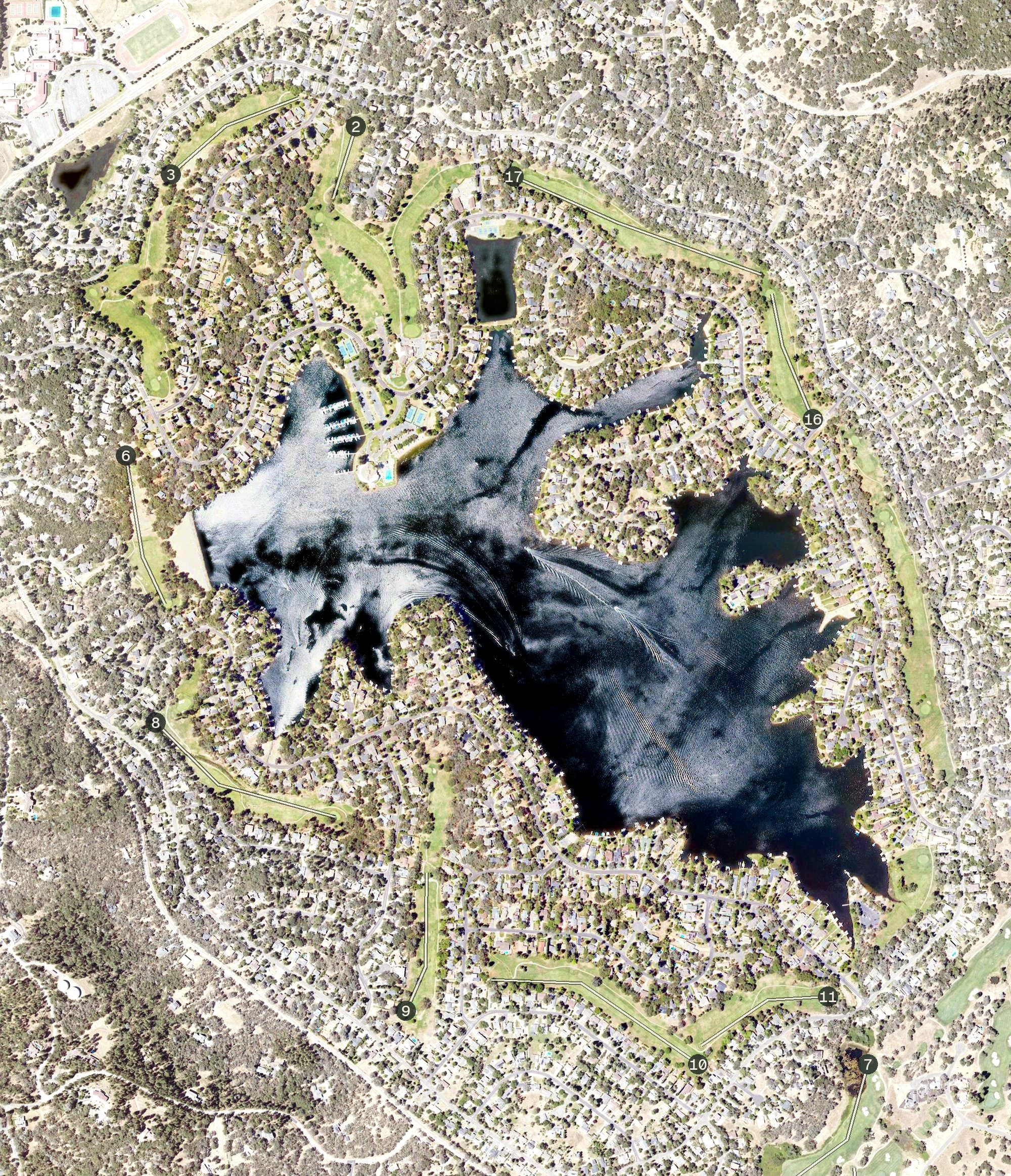 Aerial view of Lake of the Pines Golf Course, CA, with its hole routing marked