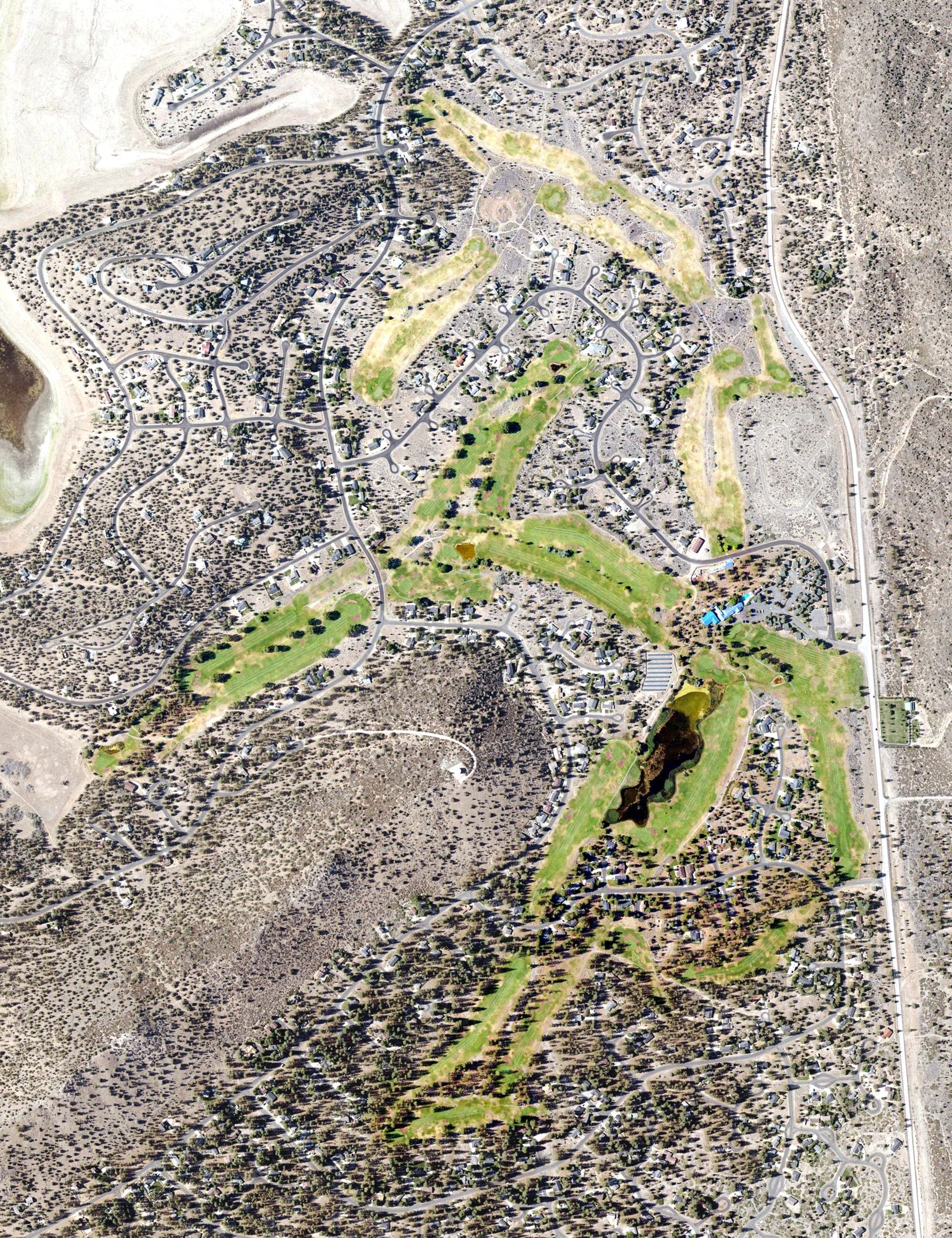 Aerial view of Lake Shastina Golf Resort, CA, with its hole routing marked