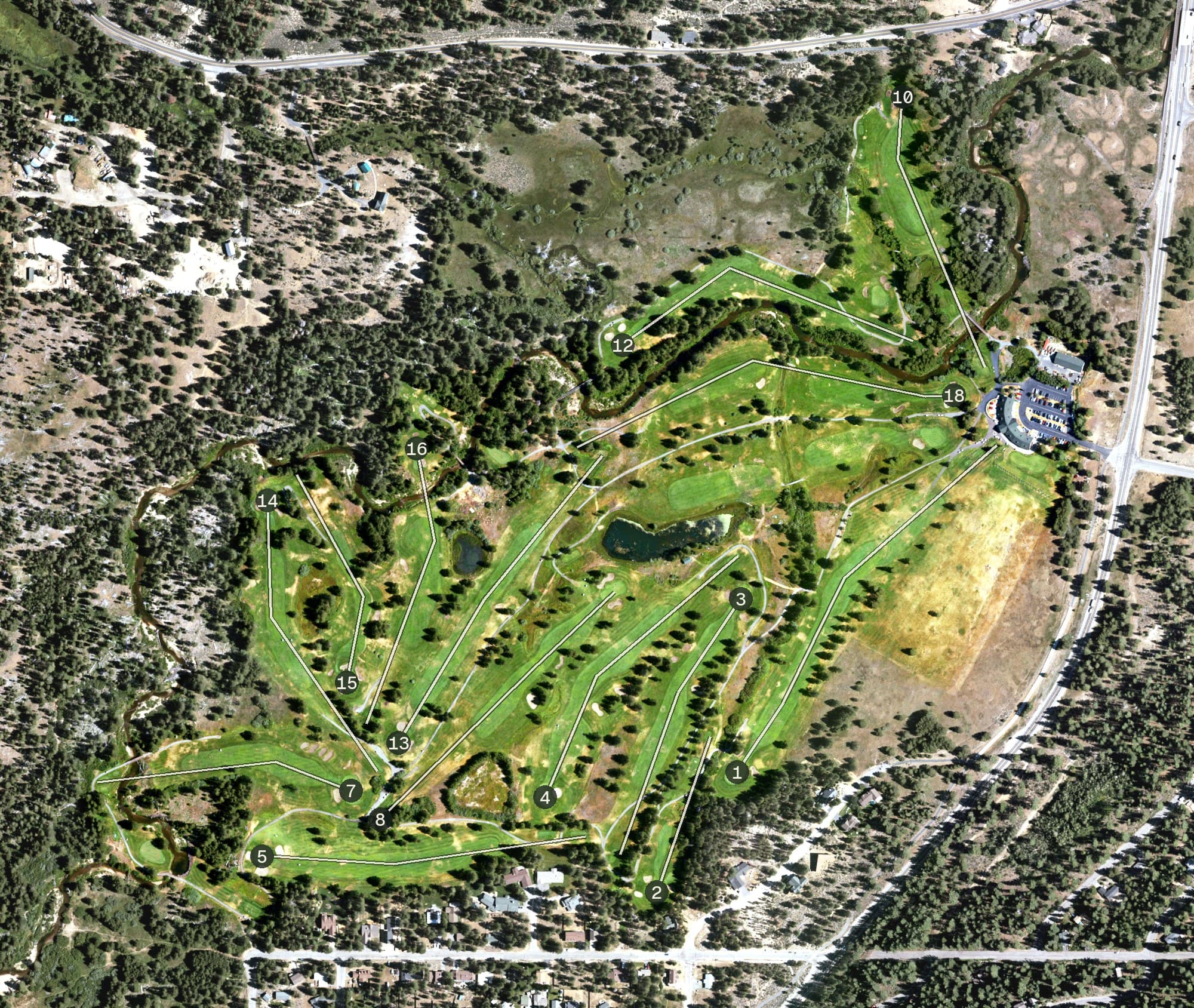 Aerial view of Lake Tahoe Golf Course, CA, with its hole routing marked