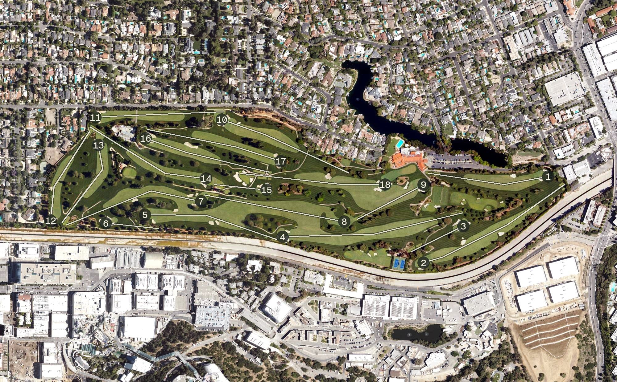 Aerial view of Lakeside Golf Club, CA, with its hole routing marked
