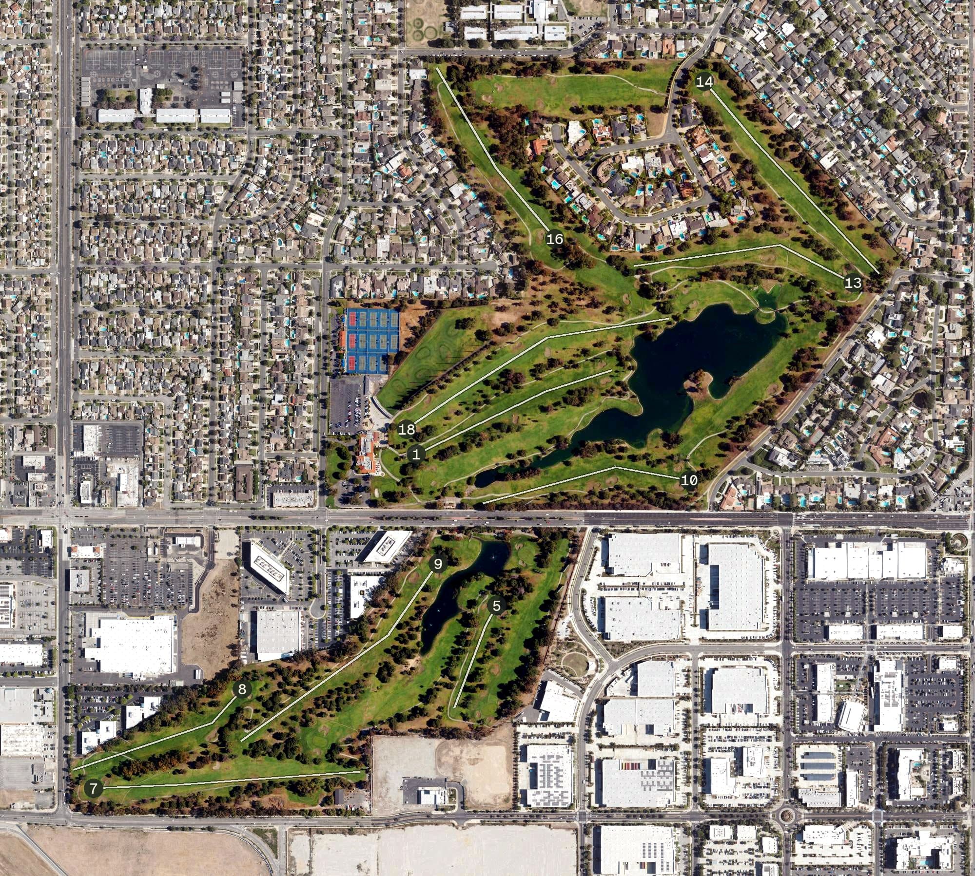 Aerial view of Lakewood Country Club, CA, with its hole routing marked