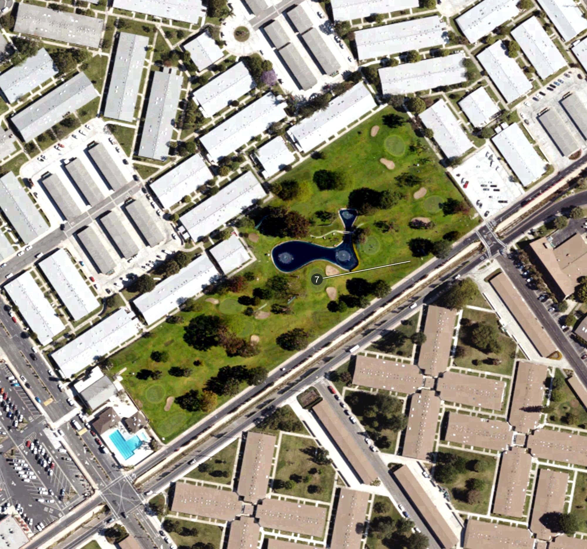 Aerial view of Leisure World Seal Beach, CA, with its hole routing marked
