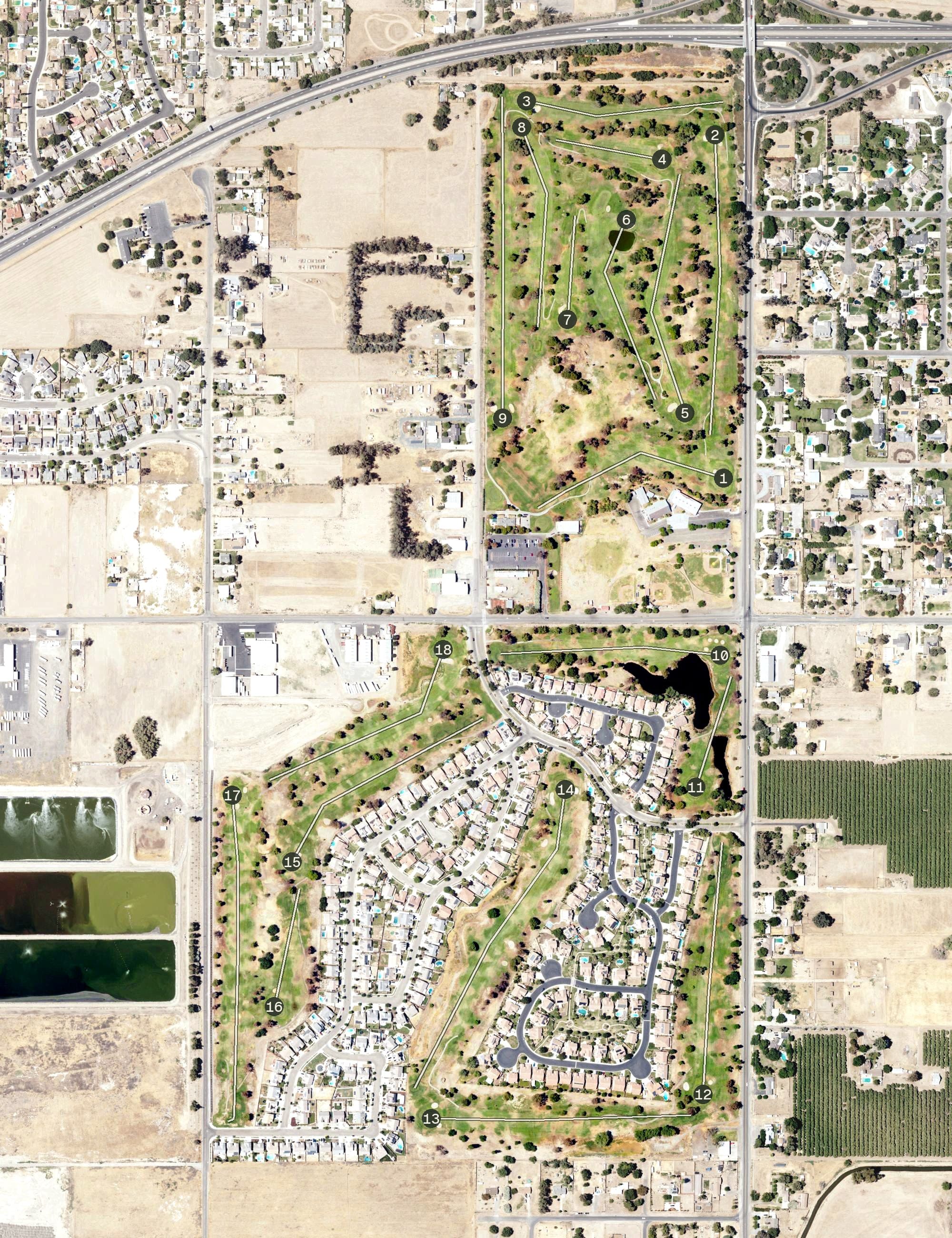 Aerial view of Lemoore Golf Course, CA, with its hole routing marked