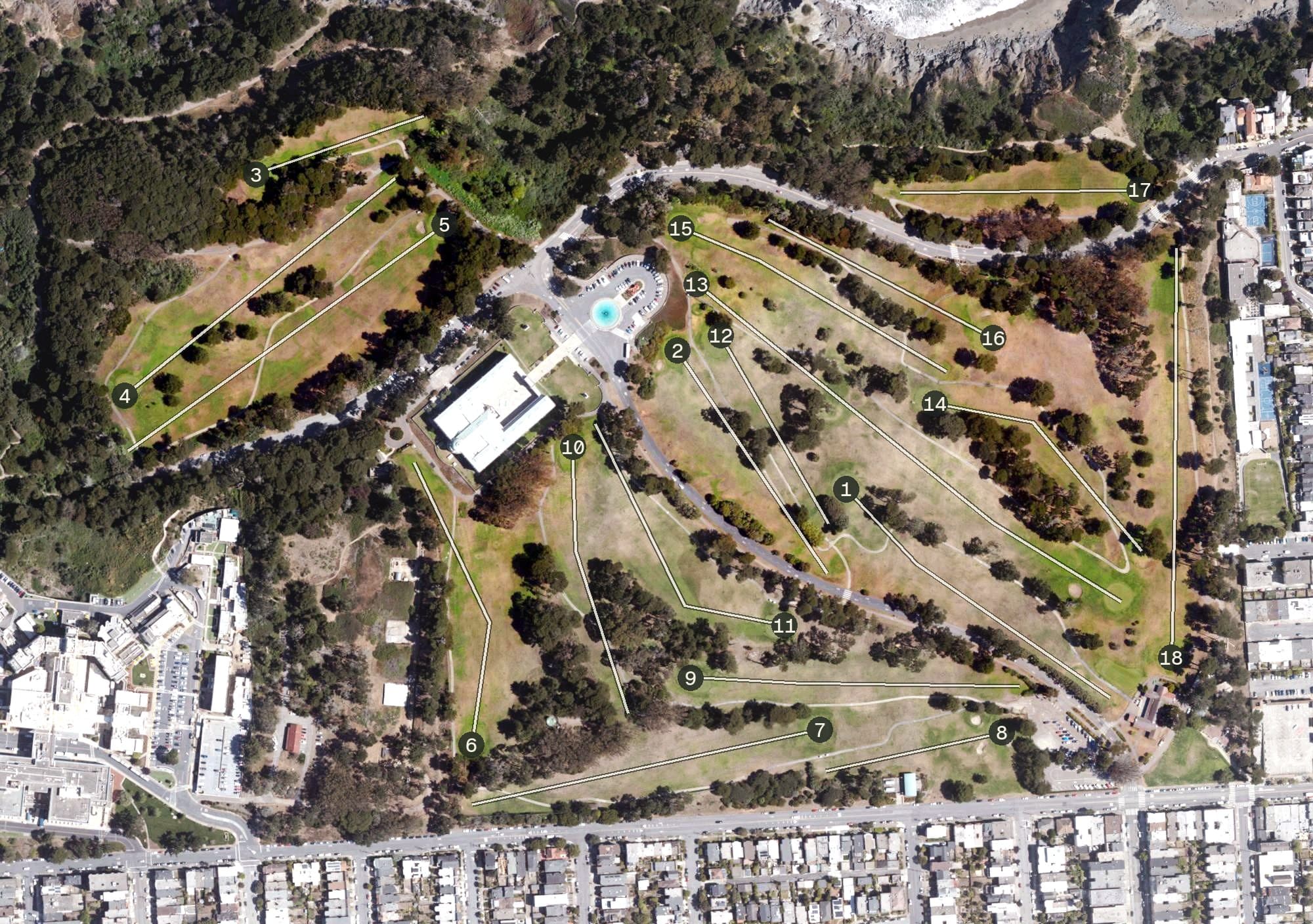 Aerial view of Lincoln Park Golf Course, CA, with its hole routing marked