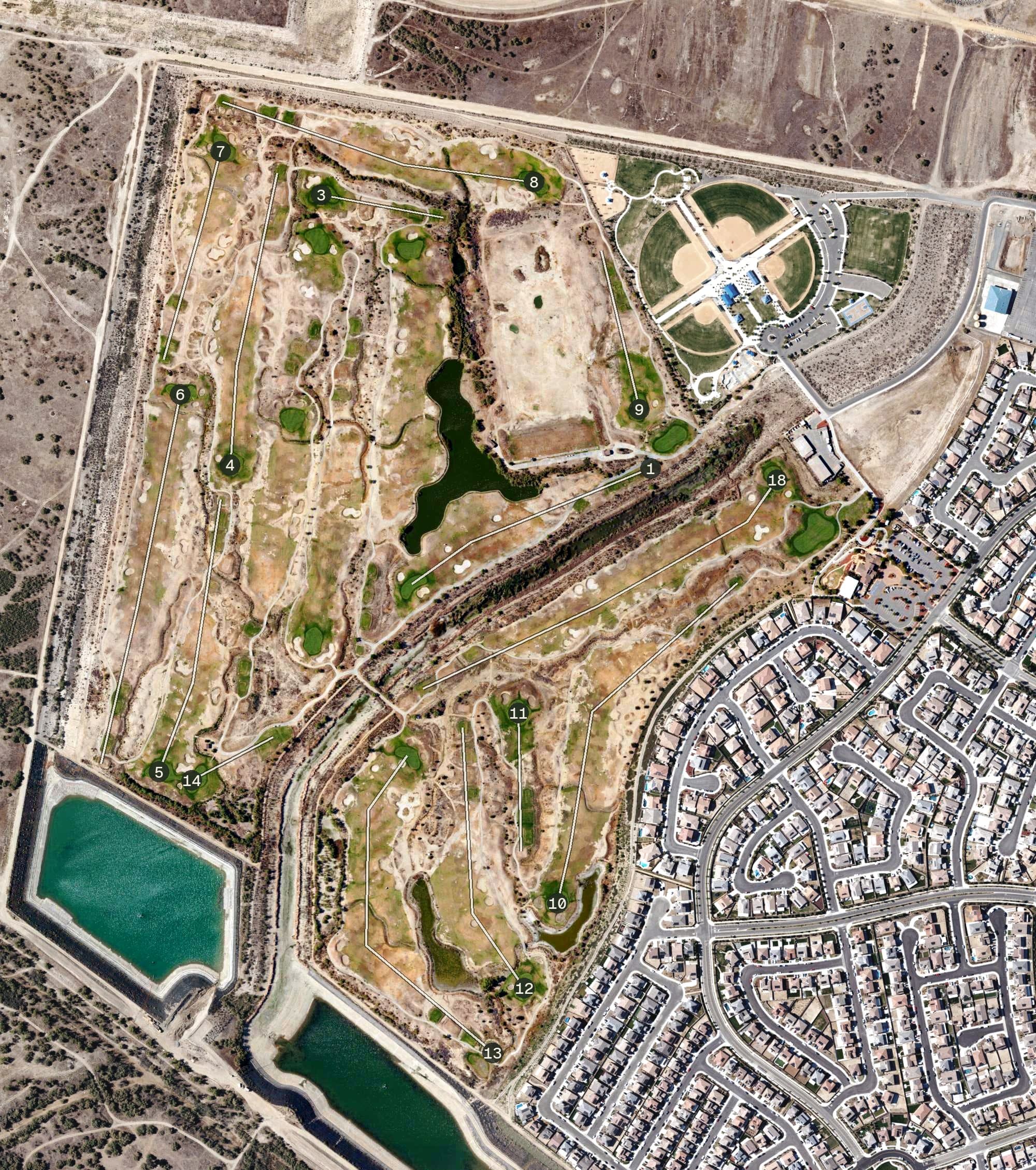 Aerial view of Links at Summerly, CA, with its hole routing marked