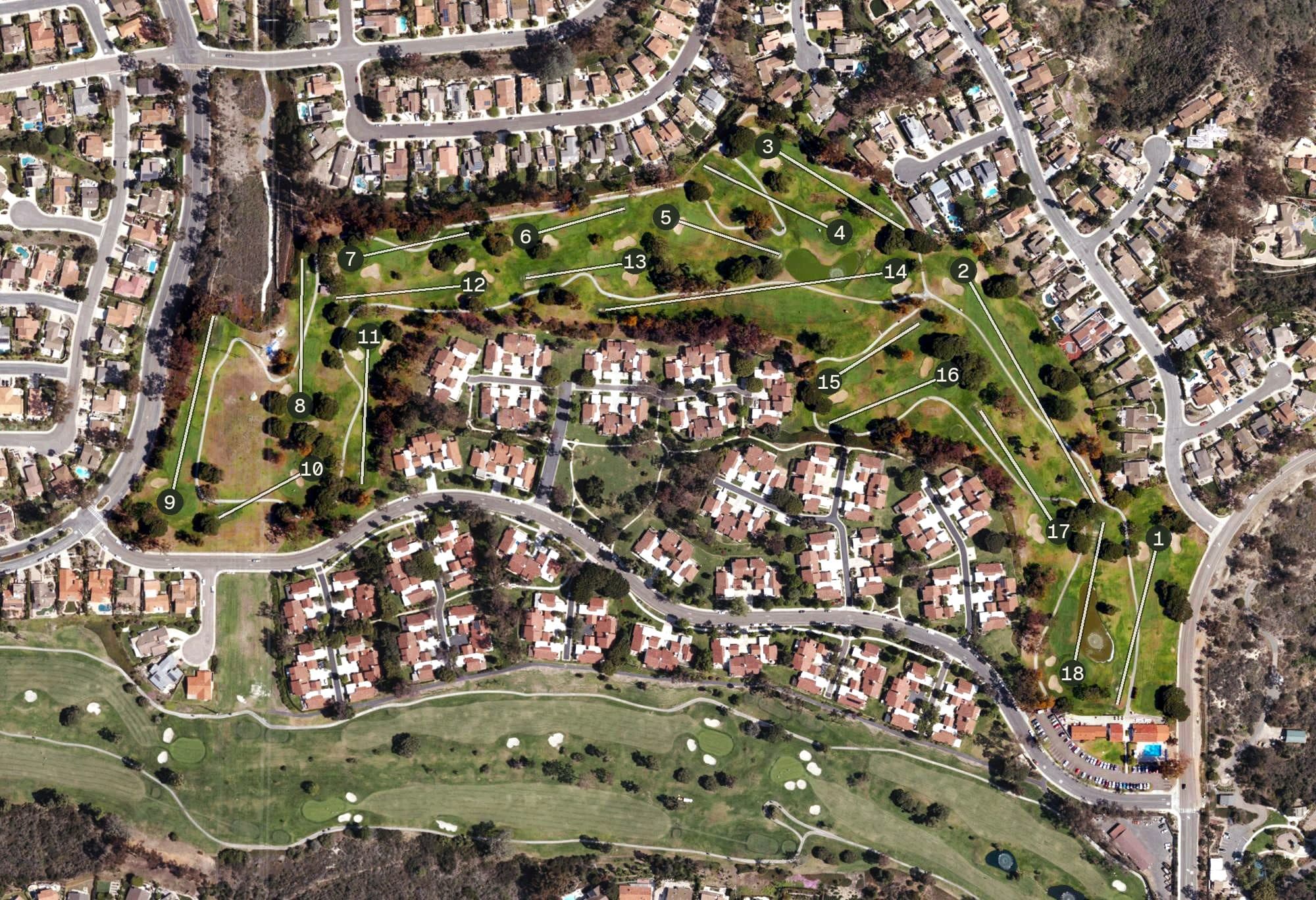 Aerial view of Lomas Santa Fe Executive Golf Course, CA, with its hole routing marked