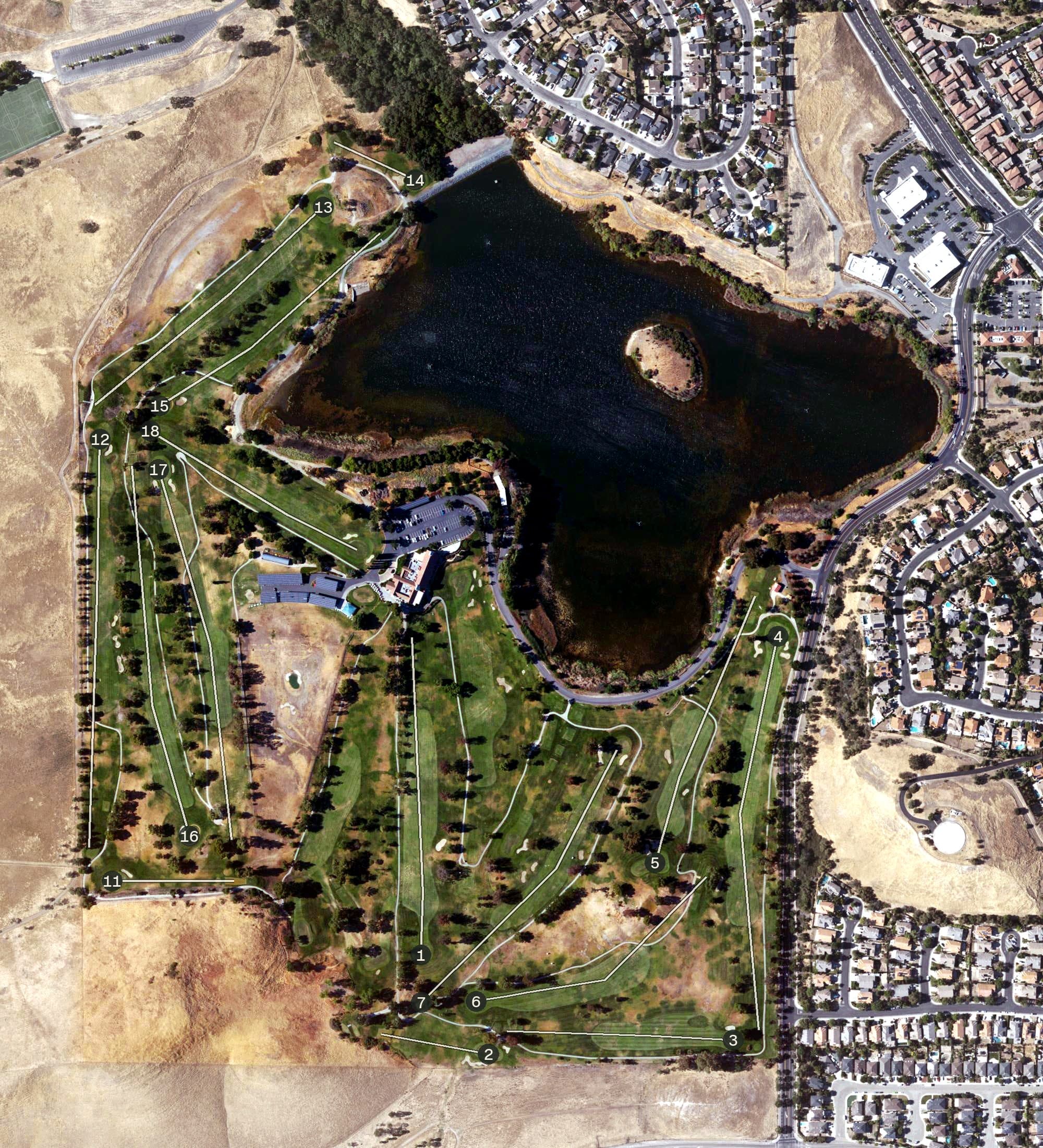 Aerial view of Lone Tree Golf Course, CA, with its hole routing marked