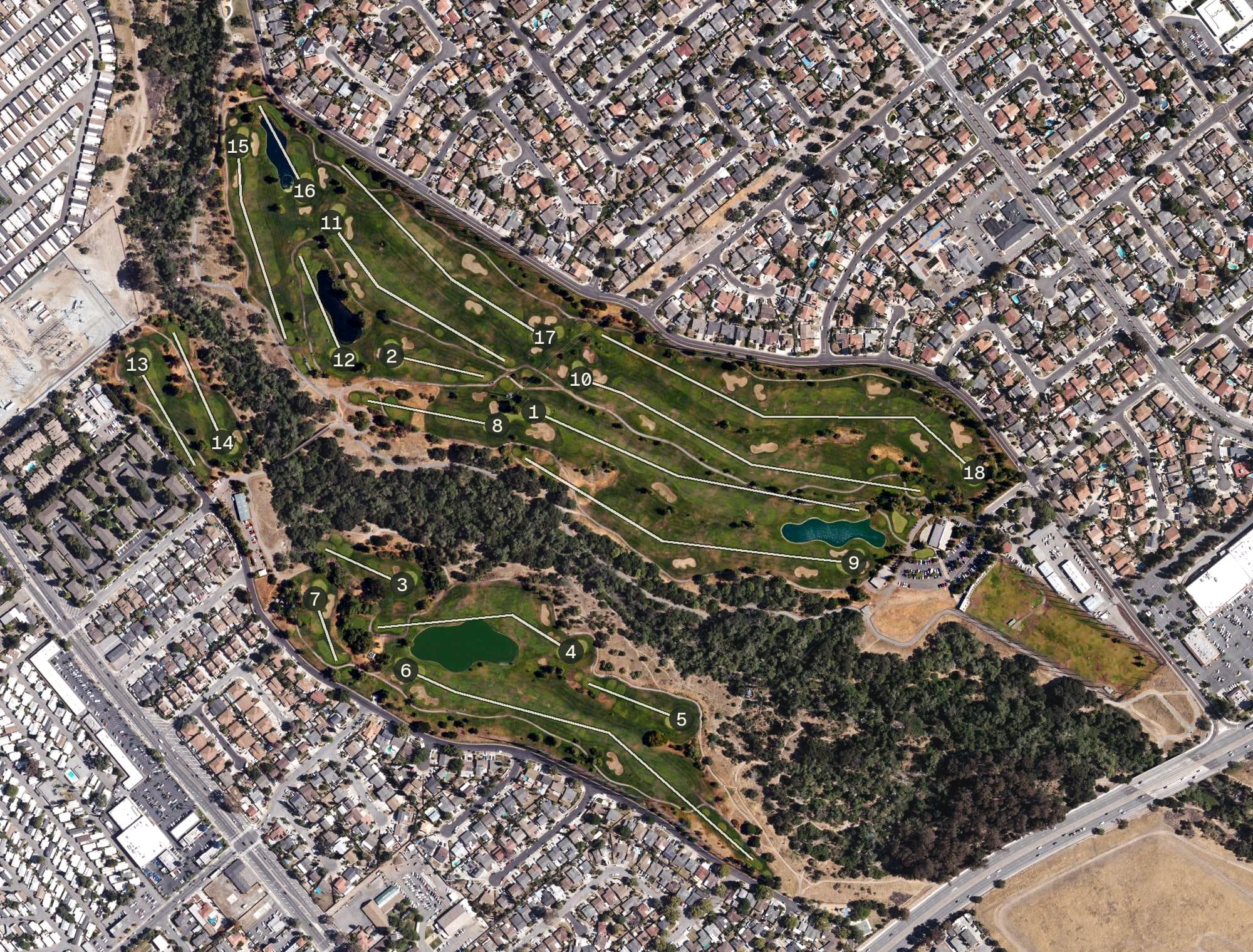 Aerial view of Los Lagos Golf Course, CA, with its hole routing marked