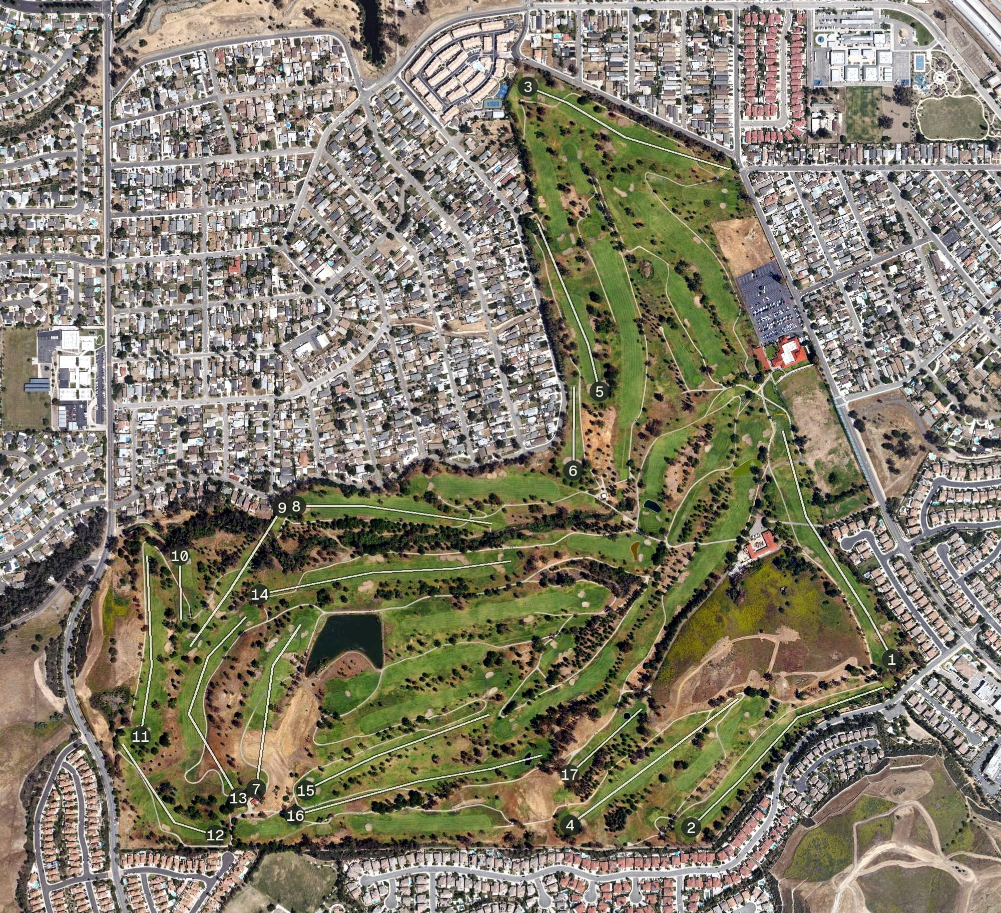 Aerial view of Los Serranos Golf & Country Club, CA, with its hole routing marked