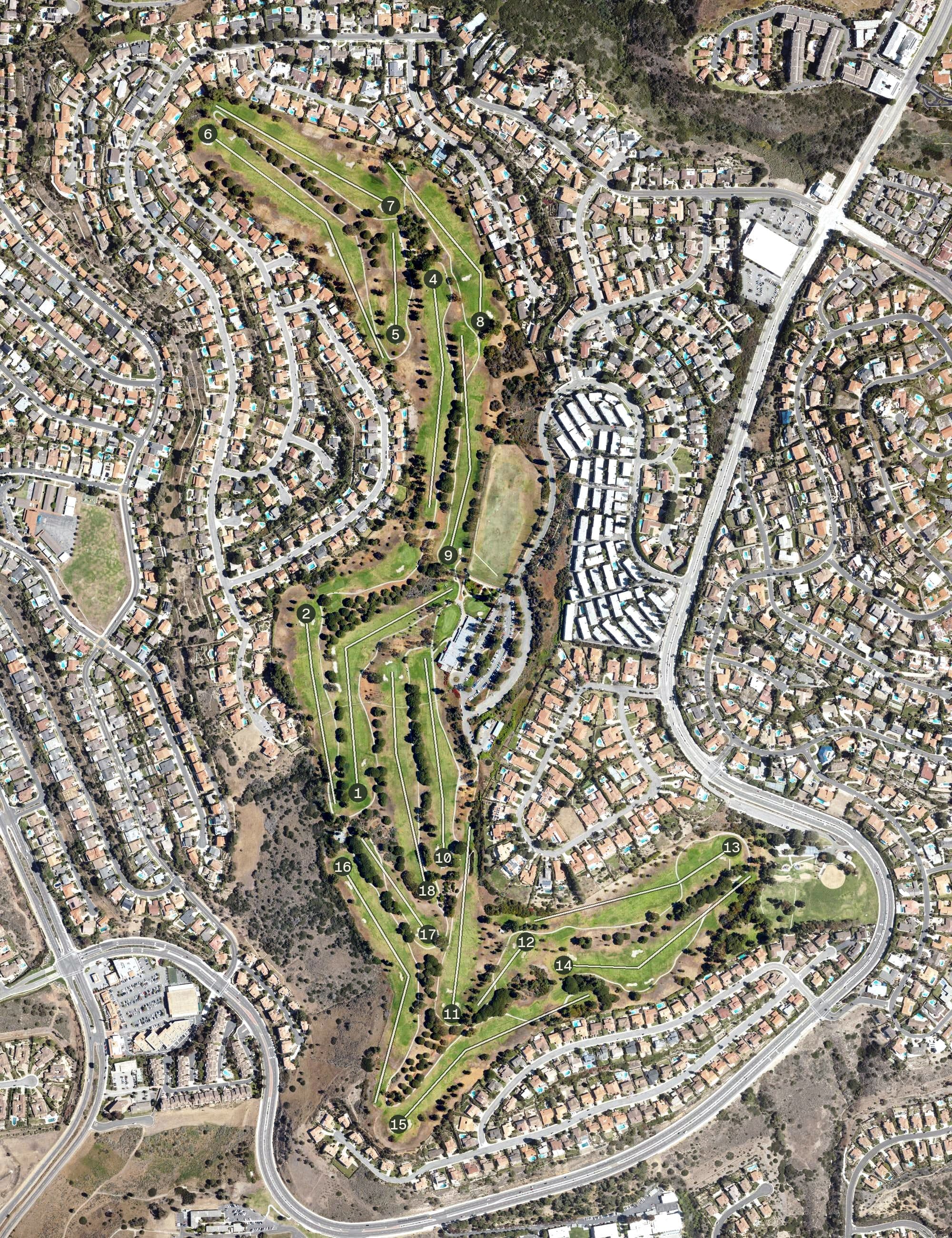 Aerial view of Los Verdes Golf Course, CA, with its hole routing marked
