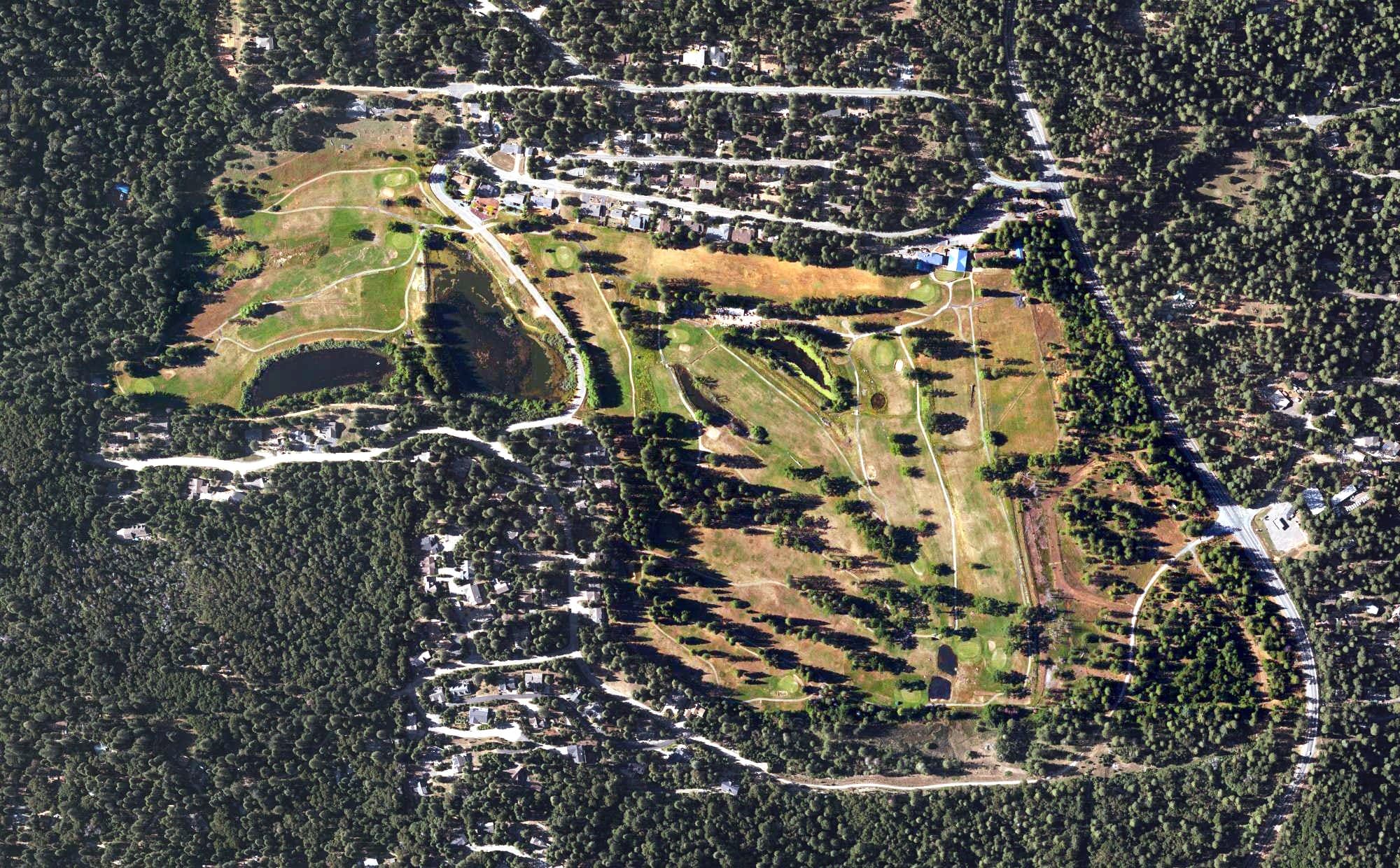 Aerial view of Mace Meadows Golf Course, CA, with its hole routing marked