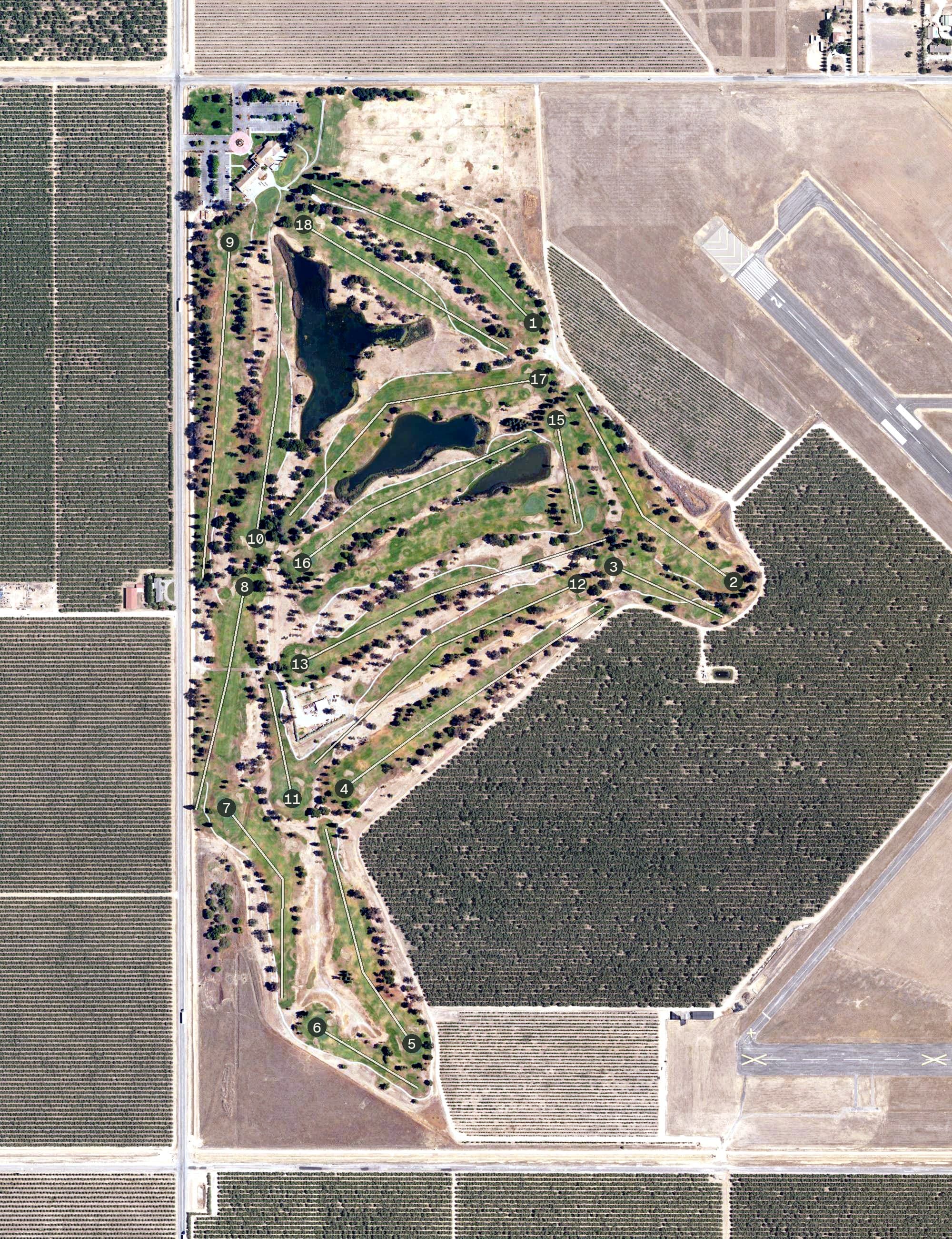 Aerial view of Madera Municipal Golf Course, CA, with its hole routing marked