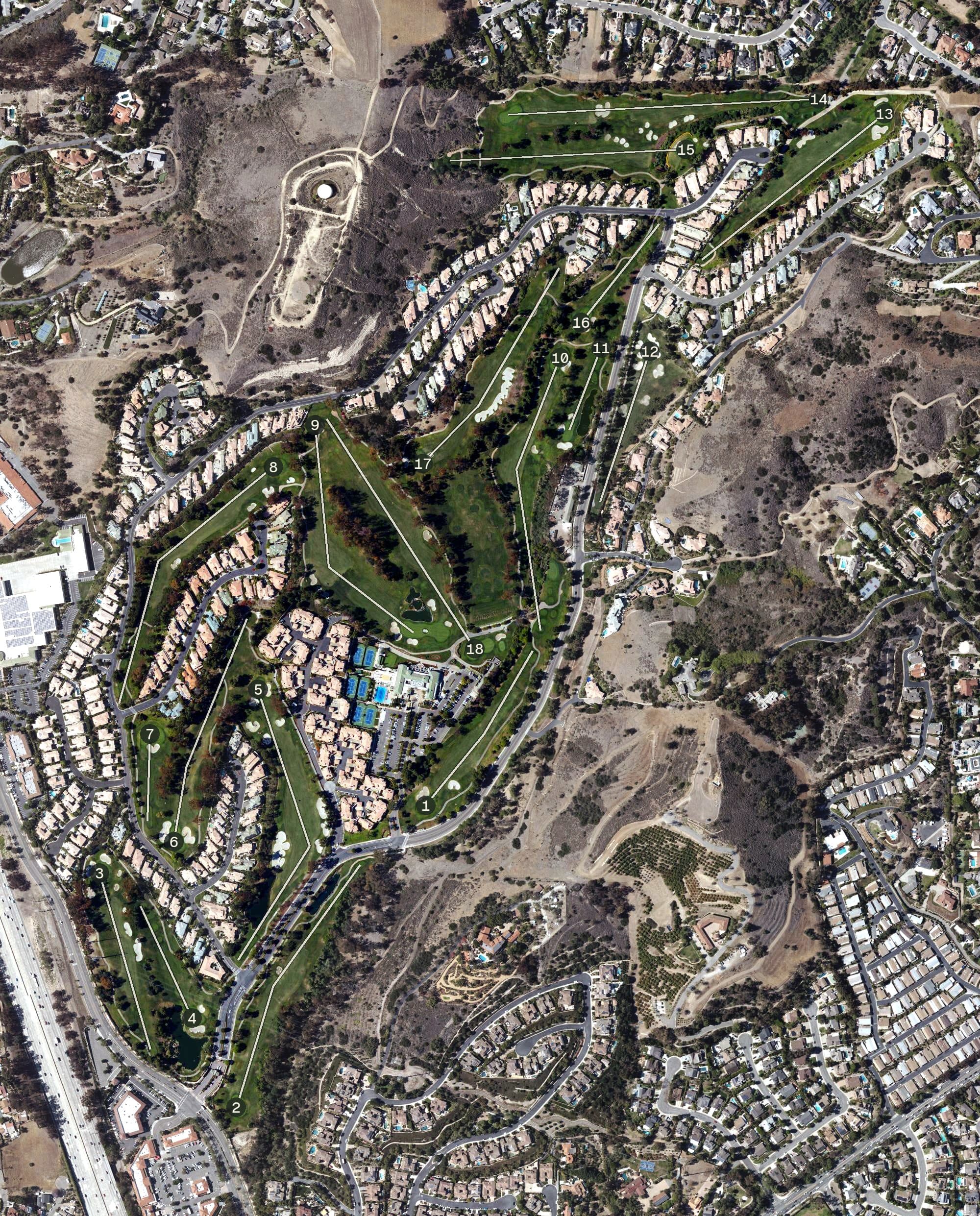 Aerial view of Marbella Country Club, CA, with its hole routing marked