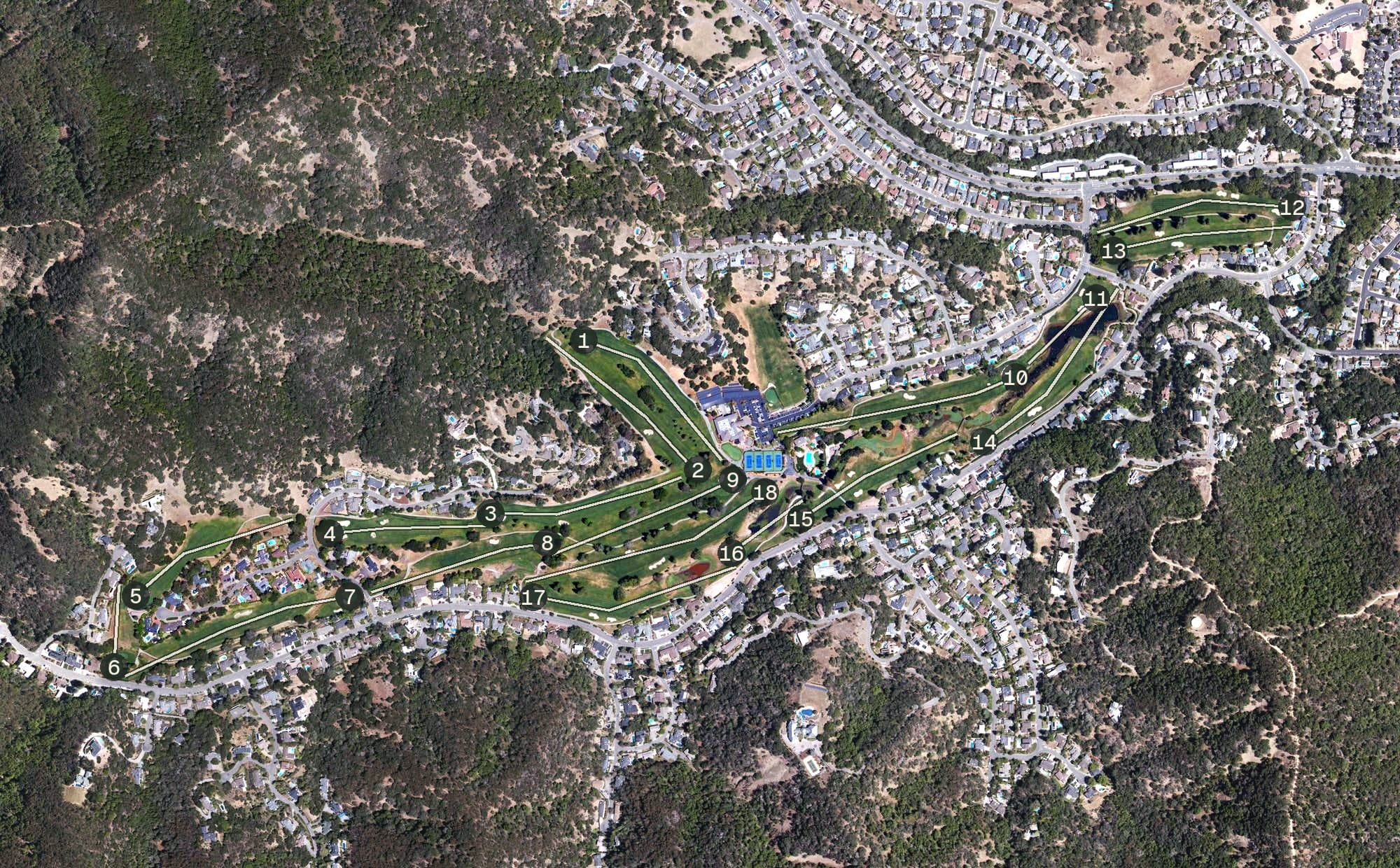 Aerial view of Marin Country Club, CA, with its hole routing marked