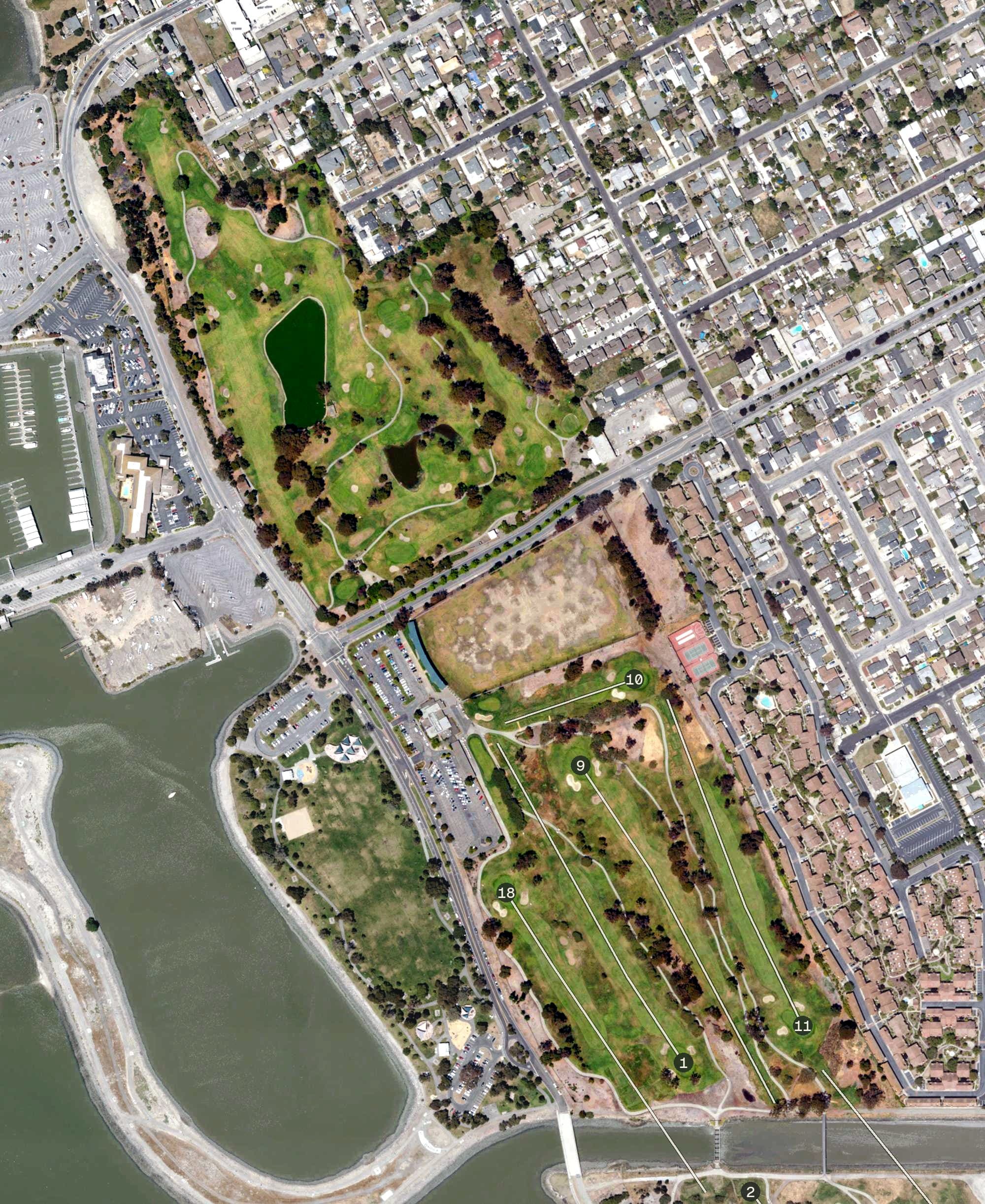 Aerial view of Marina Golf Course, CA, with its hole routing marked