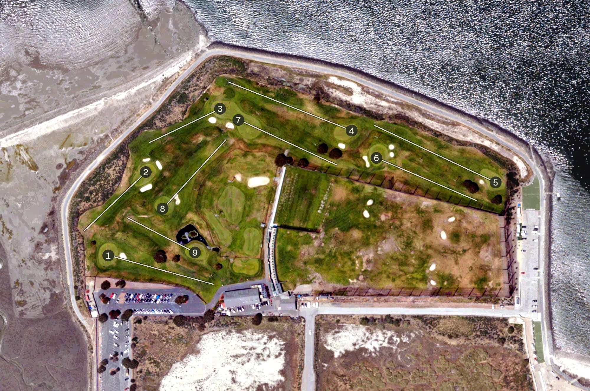 Aerial view of Mariners Point Golf Center, CA, with its hole routing marked