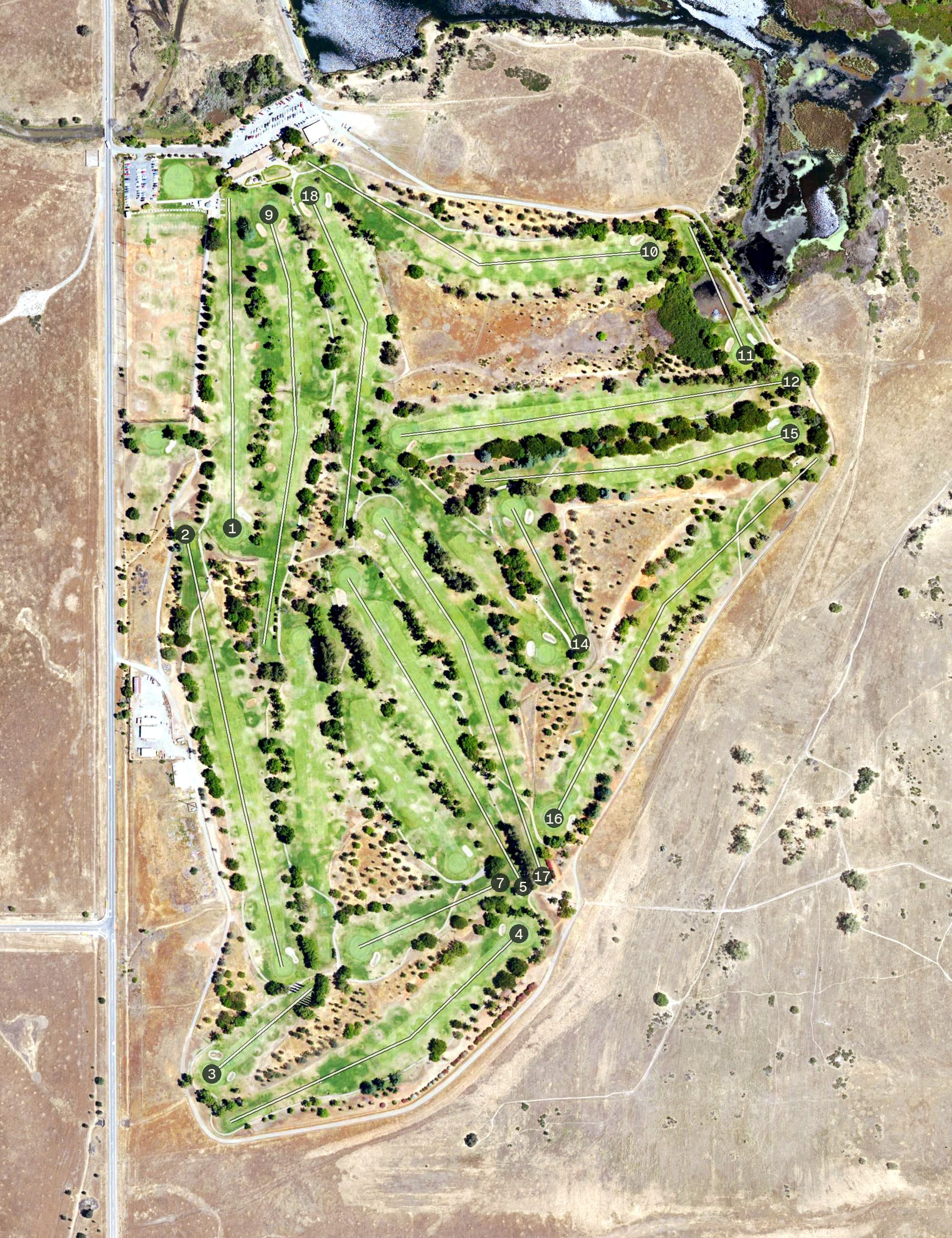 Aerial view of Mather Golf Course, CA, with its hole routing marked