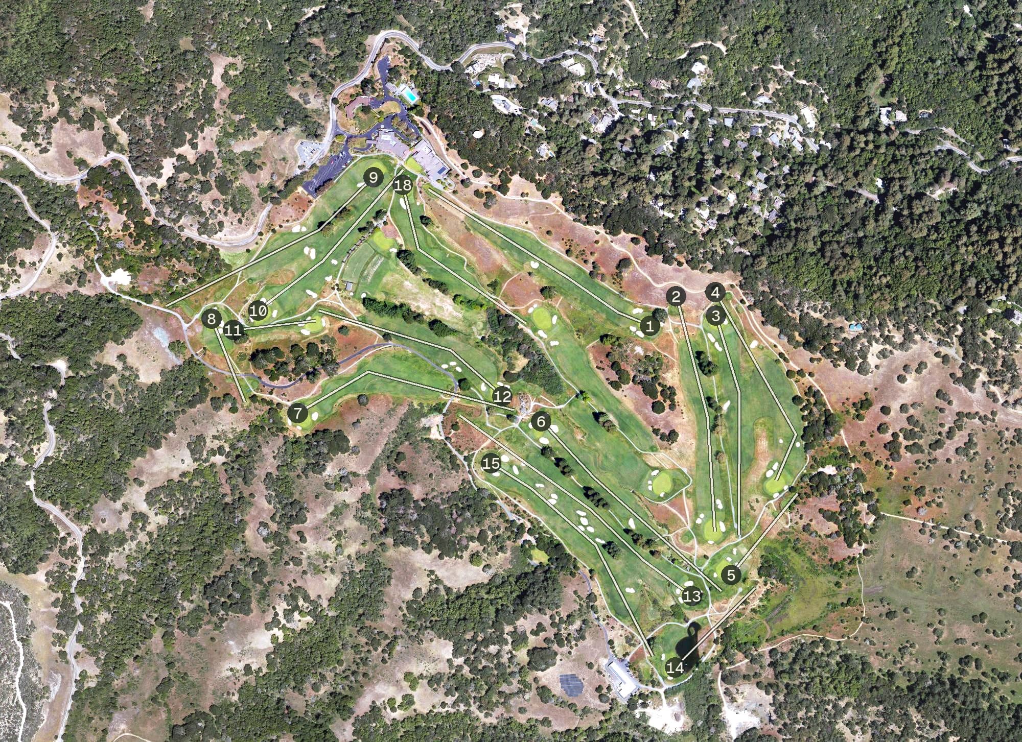 Aerial view of Meadow Club, CA, with its hole routing marked