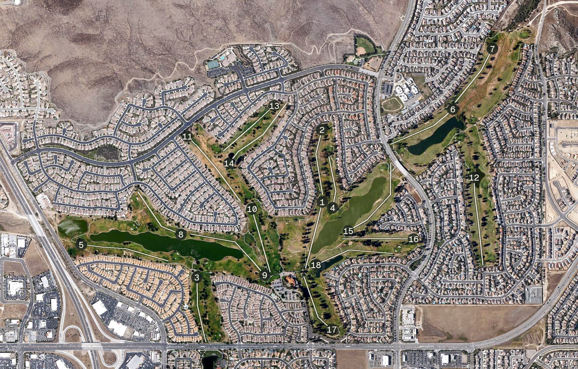 Aerial view of Menifee Lakes Country Club, CA, with its hole routing marked