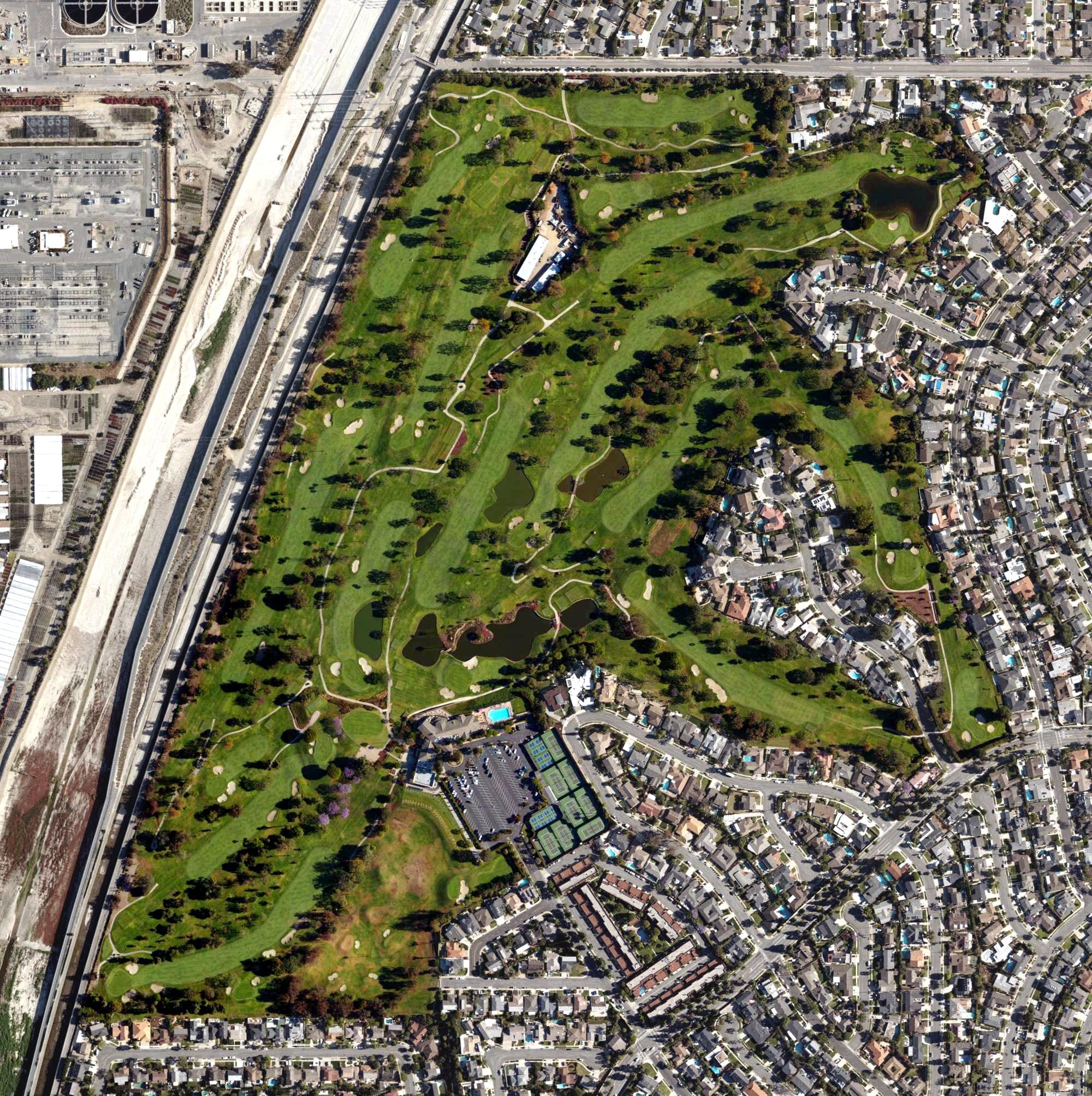 Aerial view of Mesa Verde Country Club, CA, with its hole routing marked