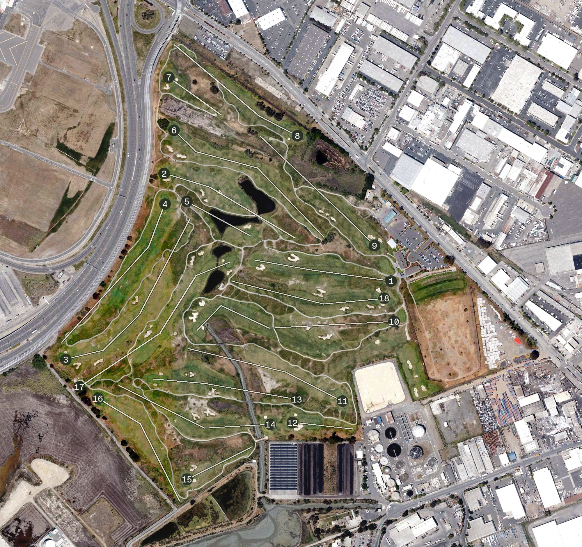 Aerial view of Metropolitan Golf Links, CA, with its hole routing marked