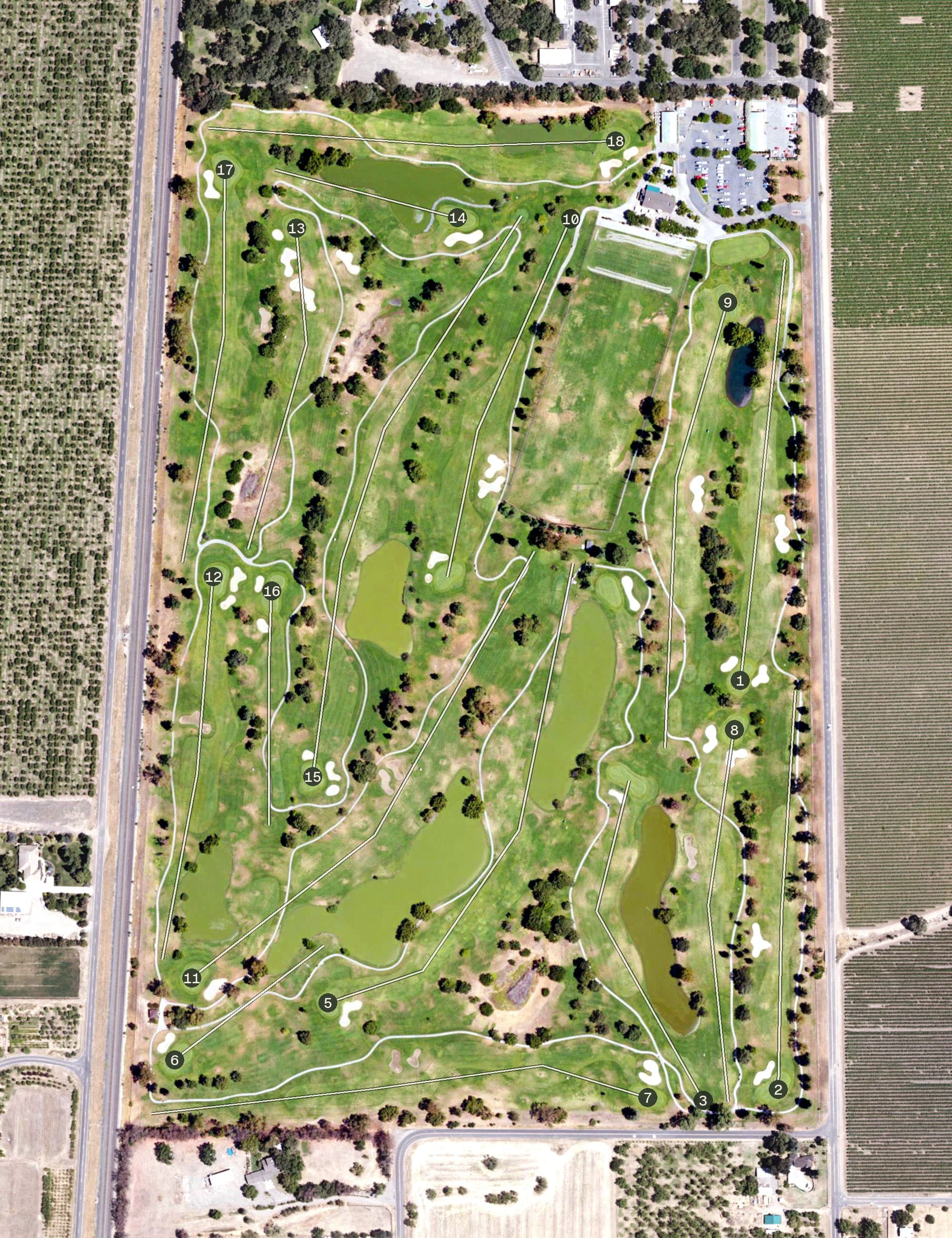 Aerial view of Micke Grove Golf Links, CA, with its hole routing marked
