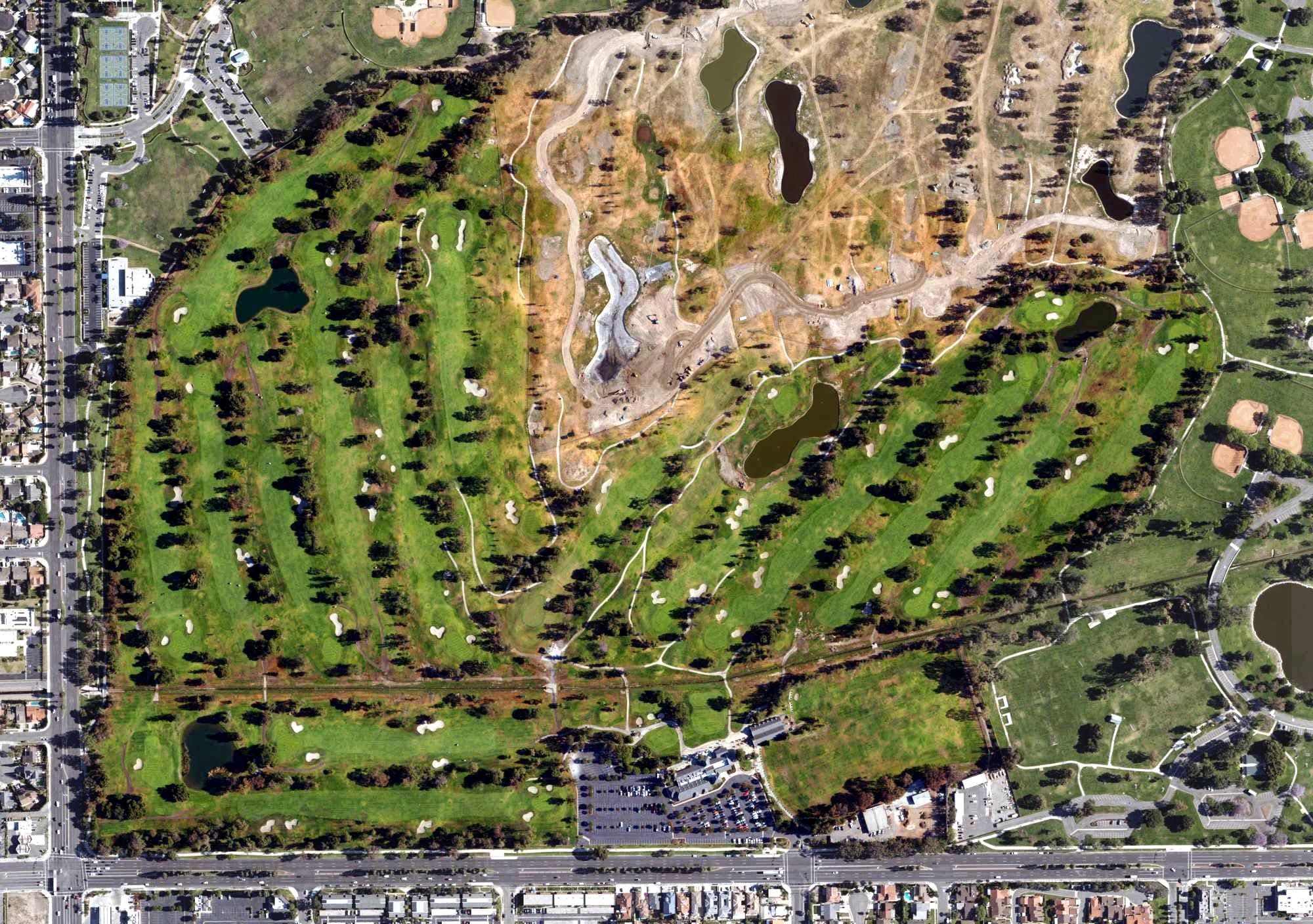 Aerial view of Mile Square Golf Course, CA, with its hole routing marked