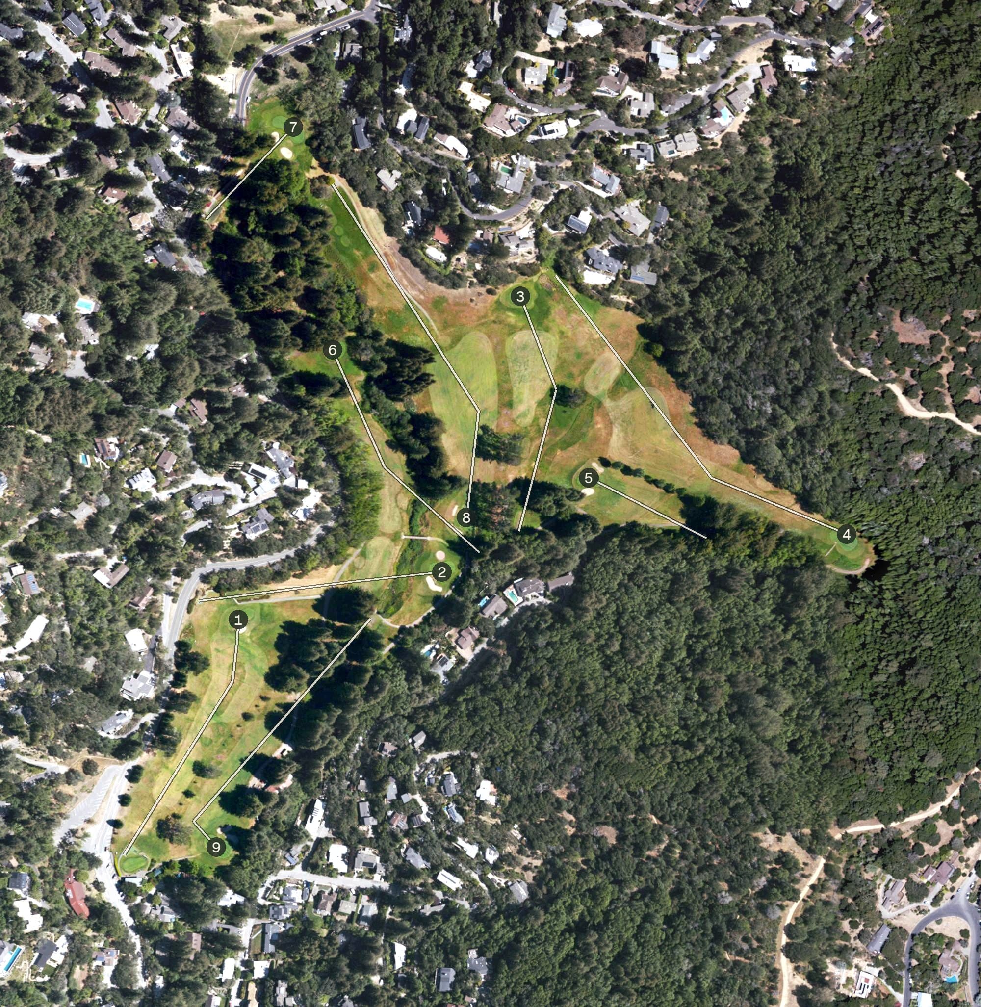 Aerial view of Mill Valley Golf Course, CA, with its hole routing marked