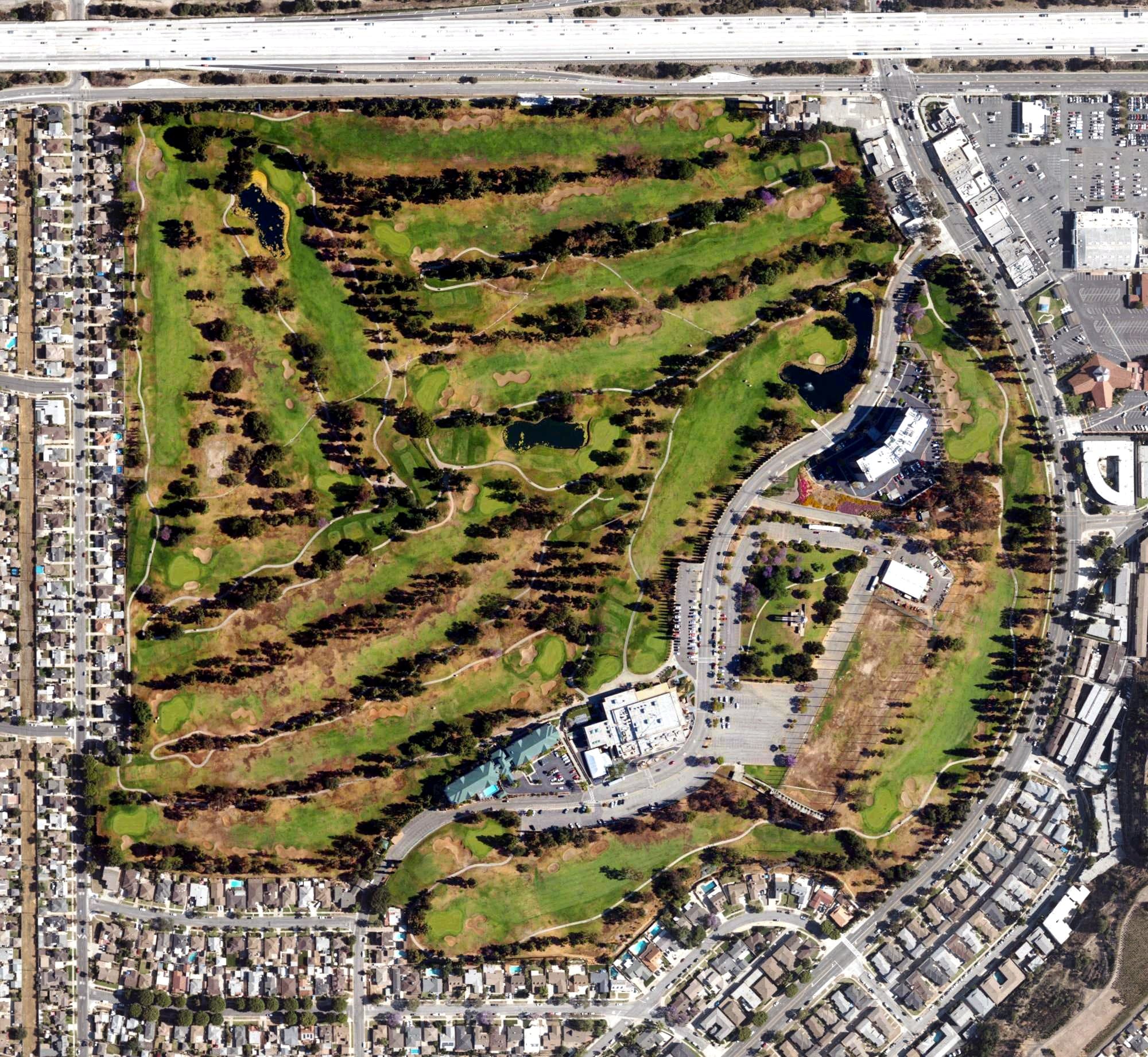 Aerial view of Montebello Golf Course, CA, with its hole routing marked