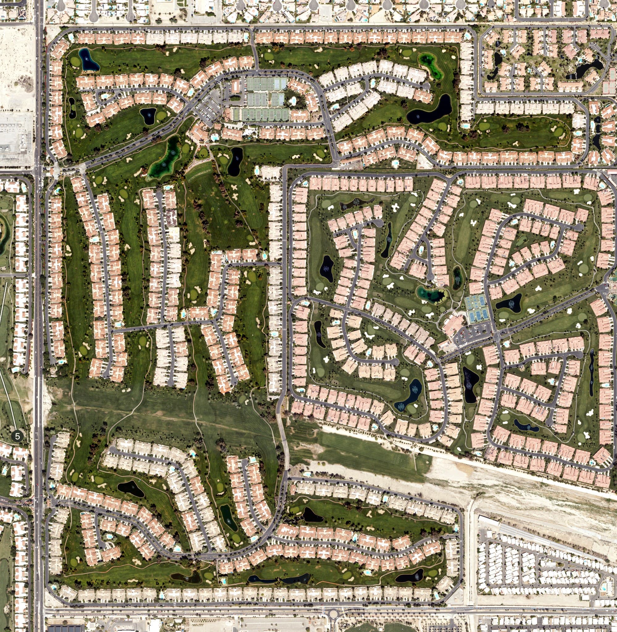 Aerial view of Monterey Country Club, CA, with its hole routing marked