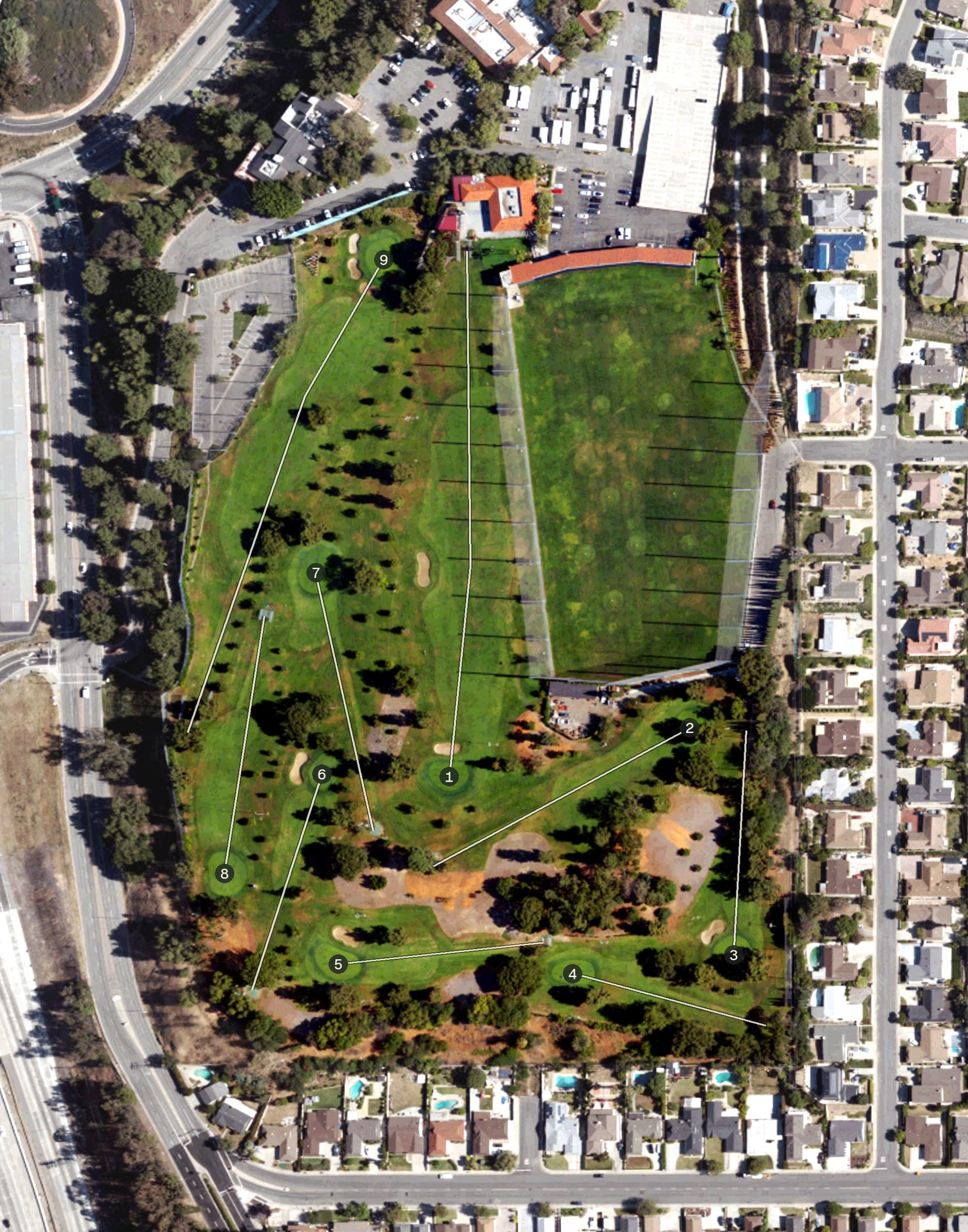 Aerial view of Monterey Park Golf Club, CA, with its hole routing marked