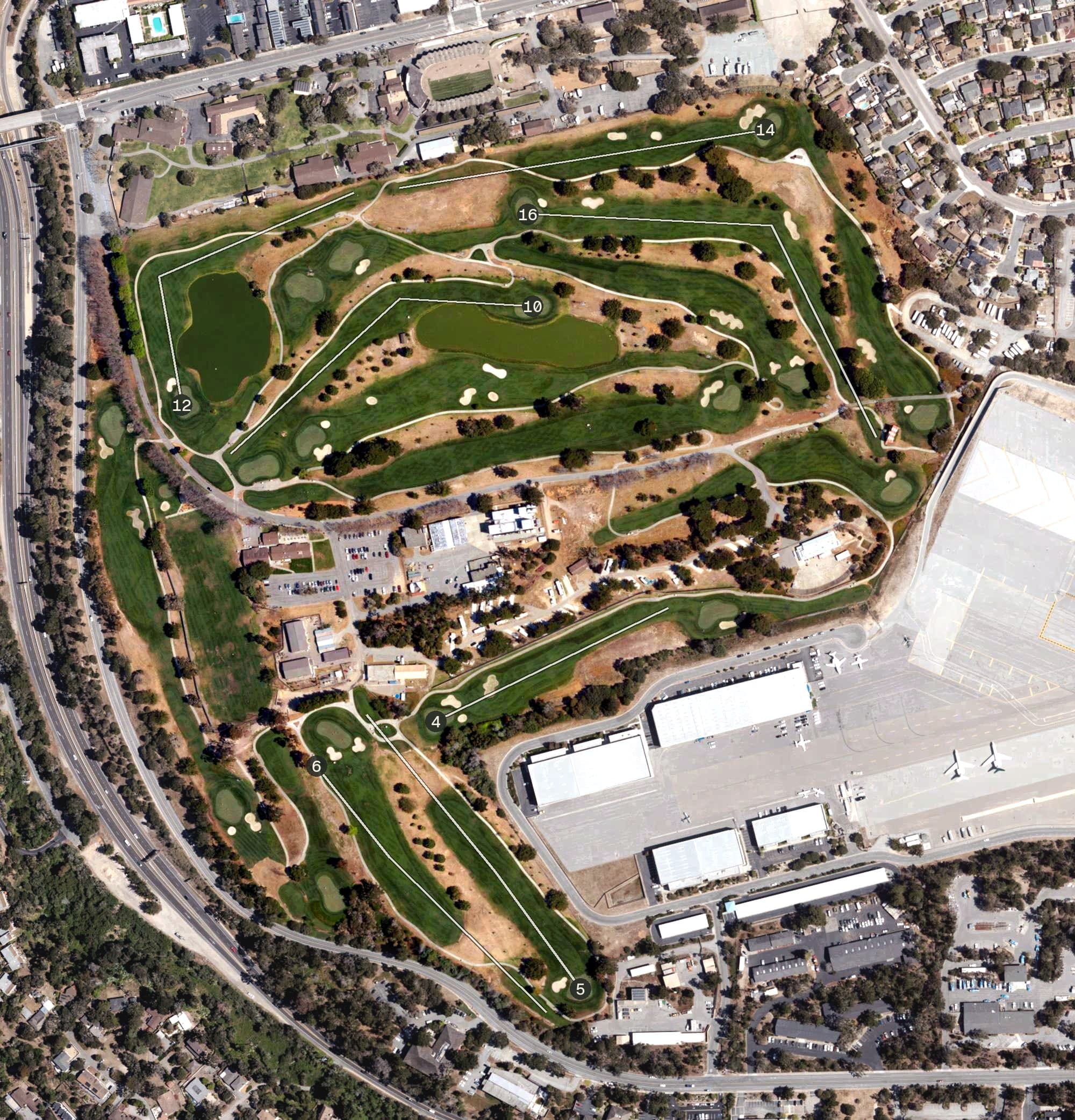 Aerial view of Monterey Pines Golf Course, CA, with its hole routing marked