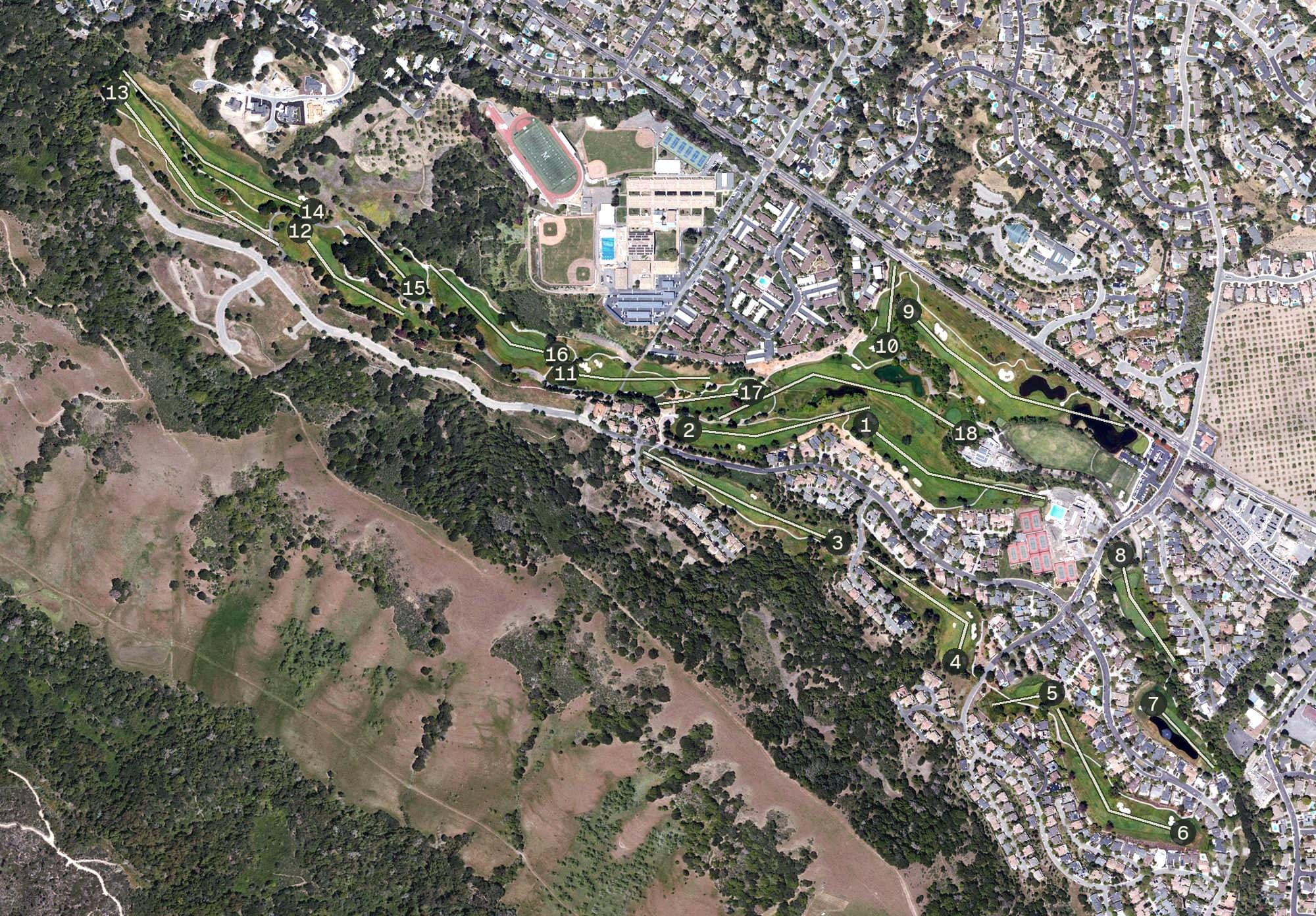 Aerial view of Moraga Country Club, CA, with its hole routing marked