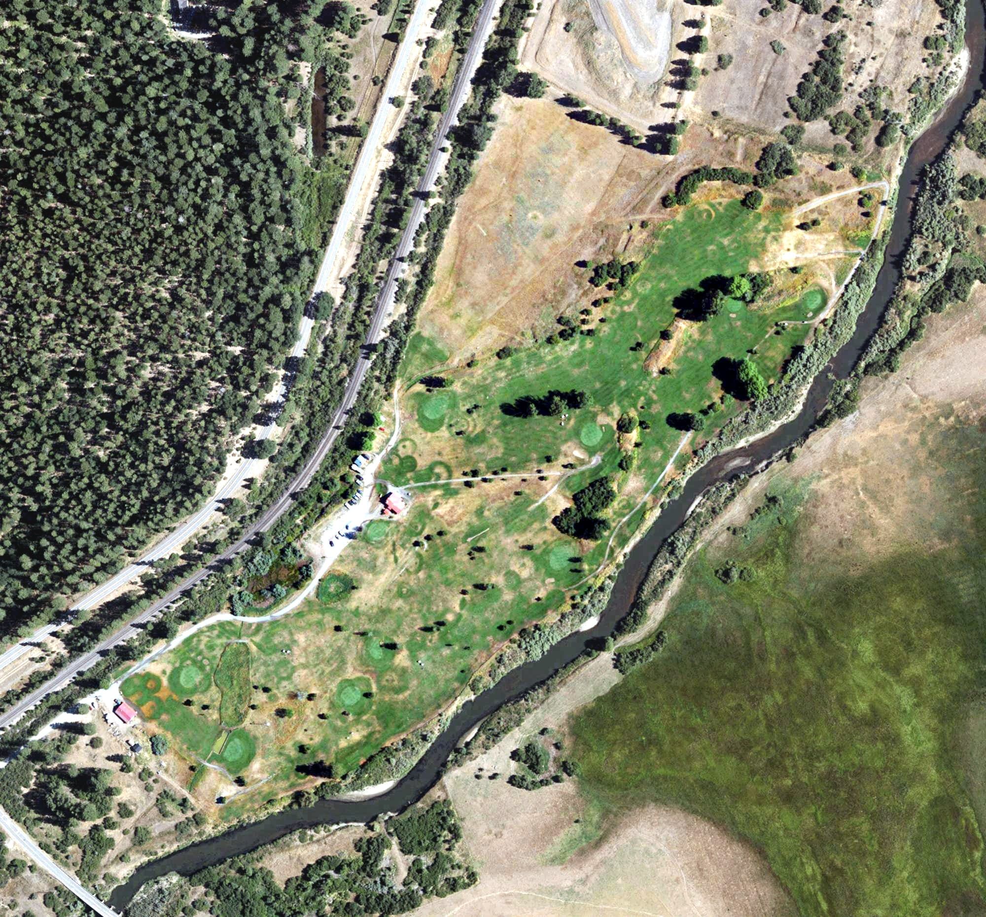 Aerial view of Mount Huff Golf Course, CA, with its hole routing marked