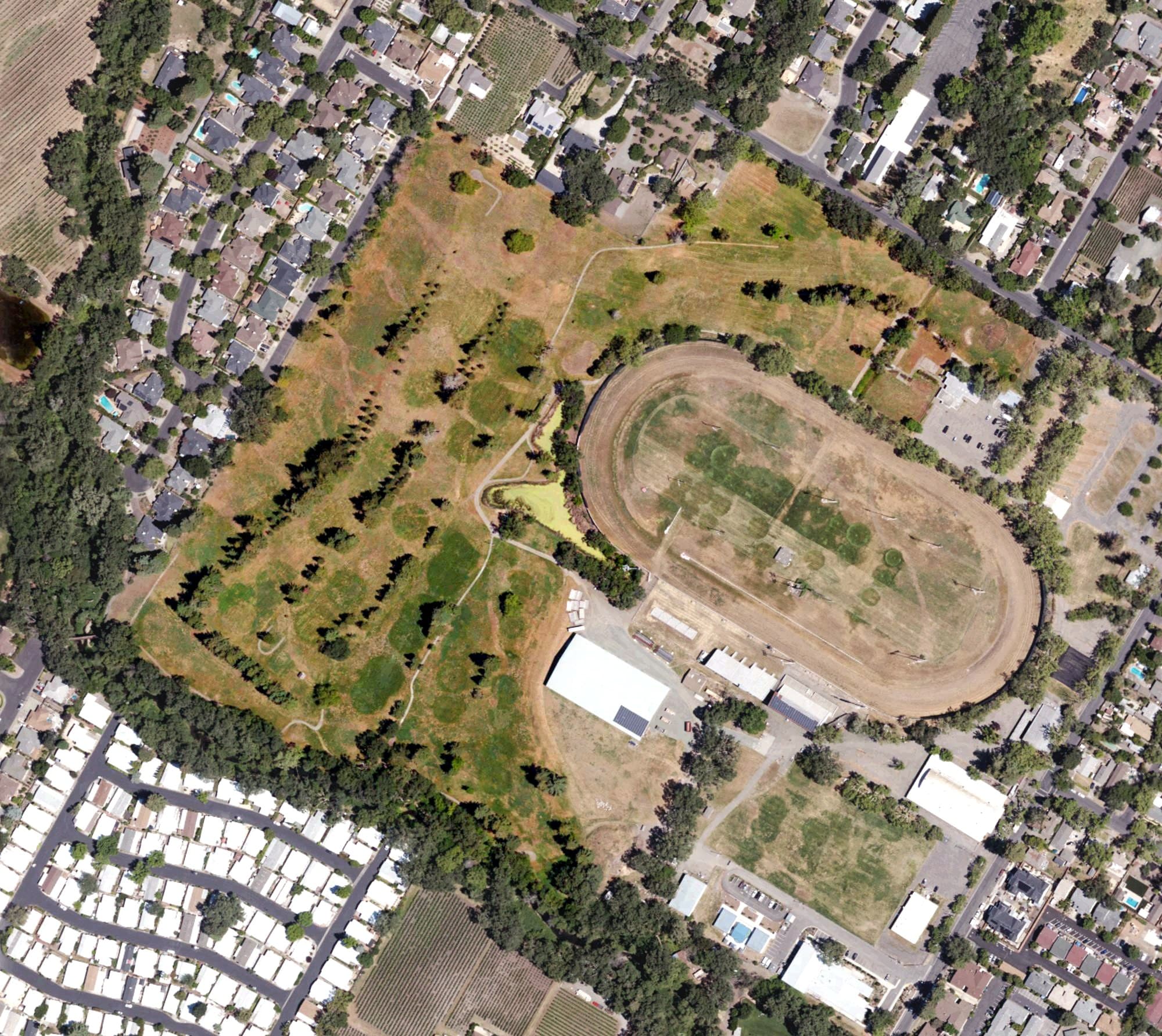 Aerial view of Mount Saint Helena Golf Course, CA, with its hole routing marked