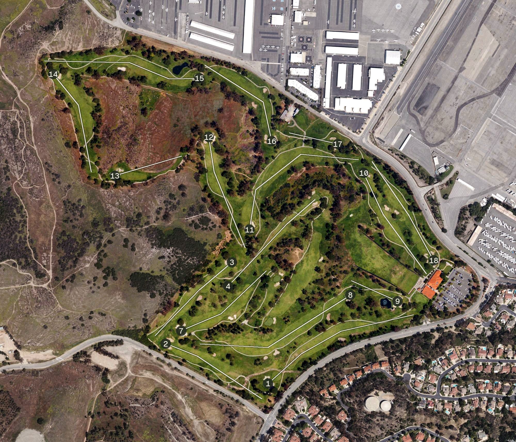 Aerial view of Mountain Meadows Golf Course, CA, with its hole routing marked