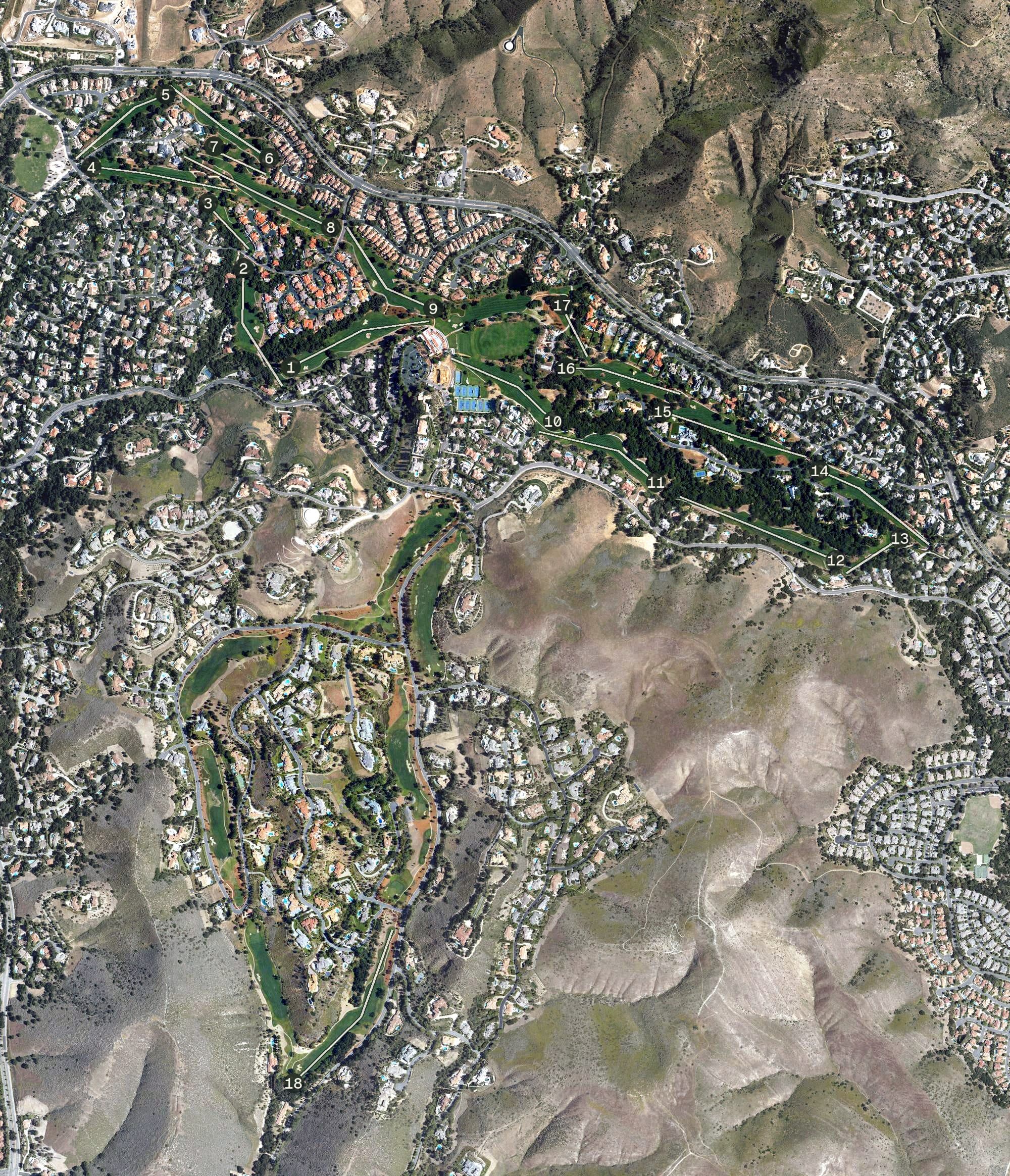 Aerial view of North Ranch Country Club, CA, with its hole routing marked