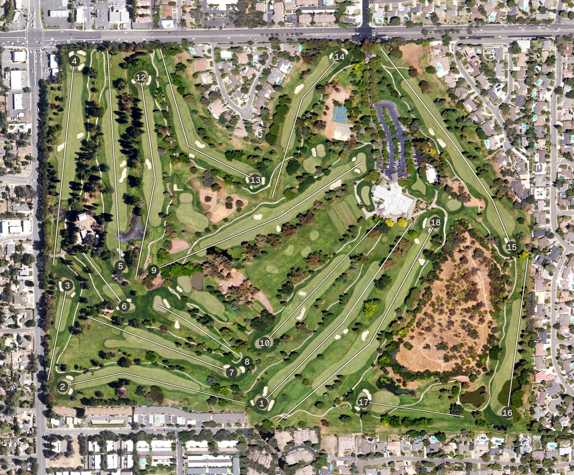Aerial view of North Ridge Country Club, CA, with its hole routing marked