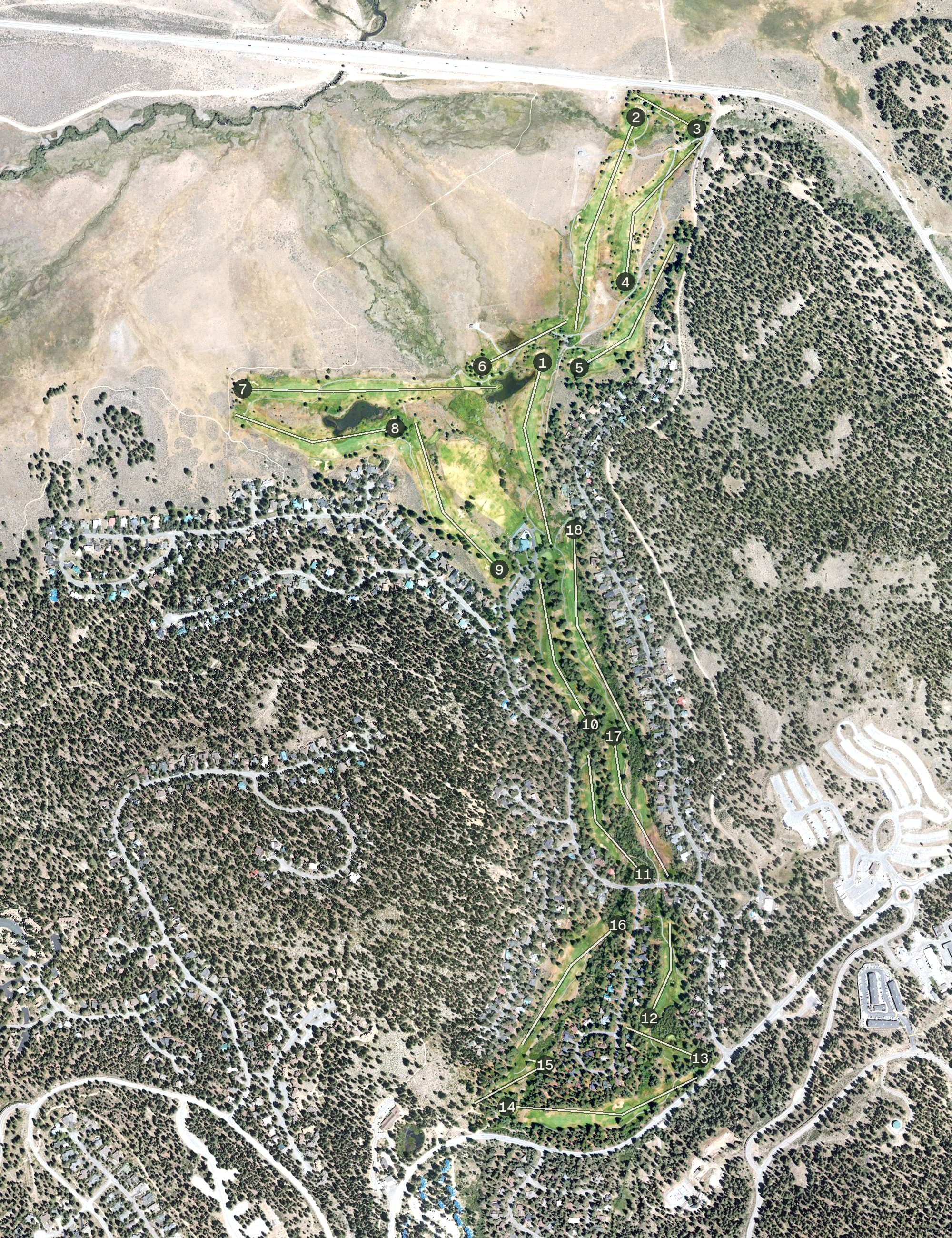 Aerial view of Northstar Golf Course, CA, with its hole routing marked