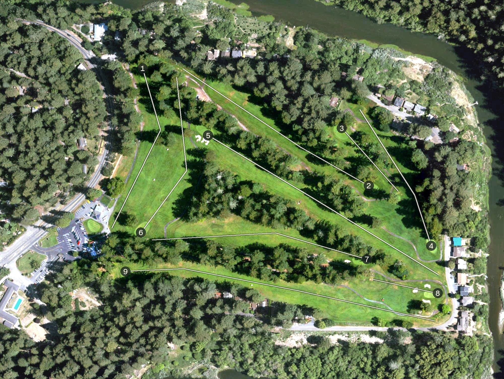 Aerial view of Northwood Golf Club, CA, with its hole routing marked
